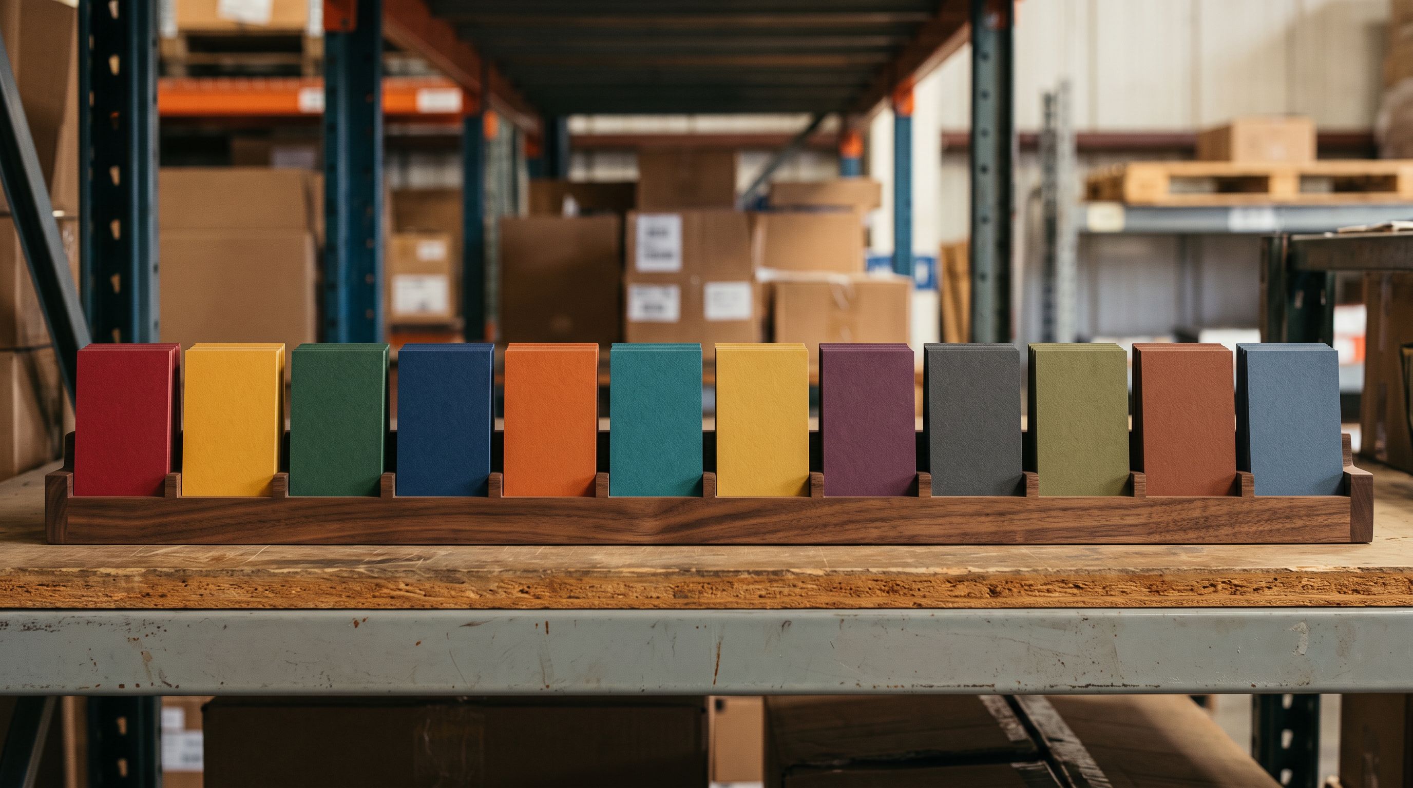 A row of uniformly formatted product label cards arranged neatly in a display tray, each colour-coded by supplier category but all following the same standardised layout.