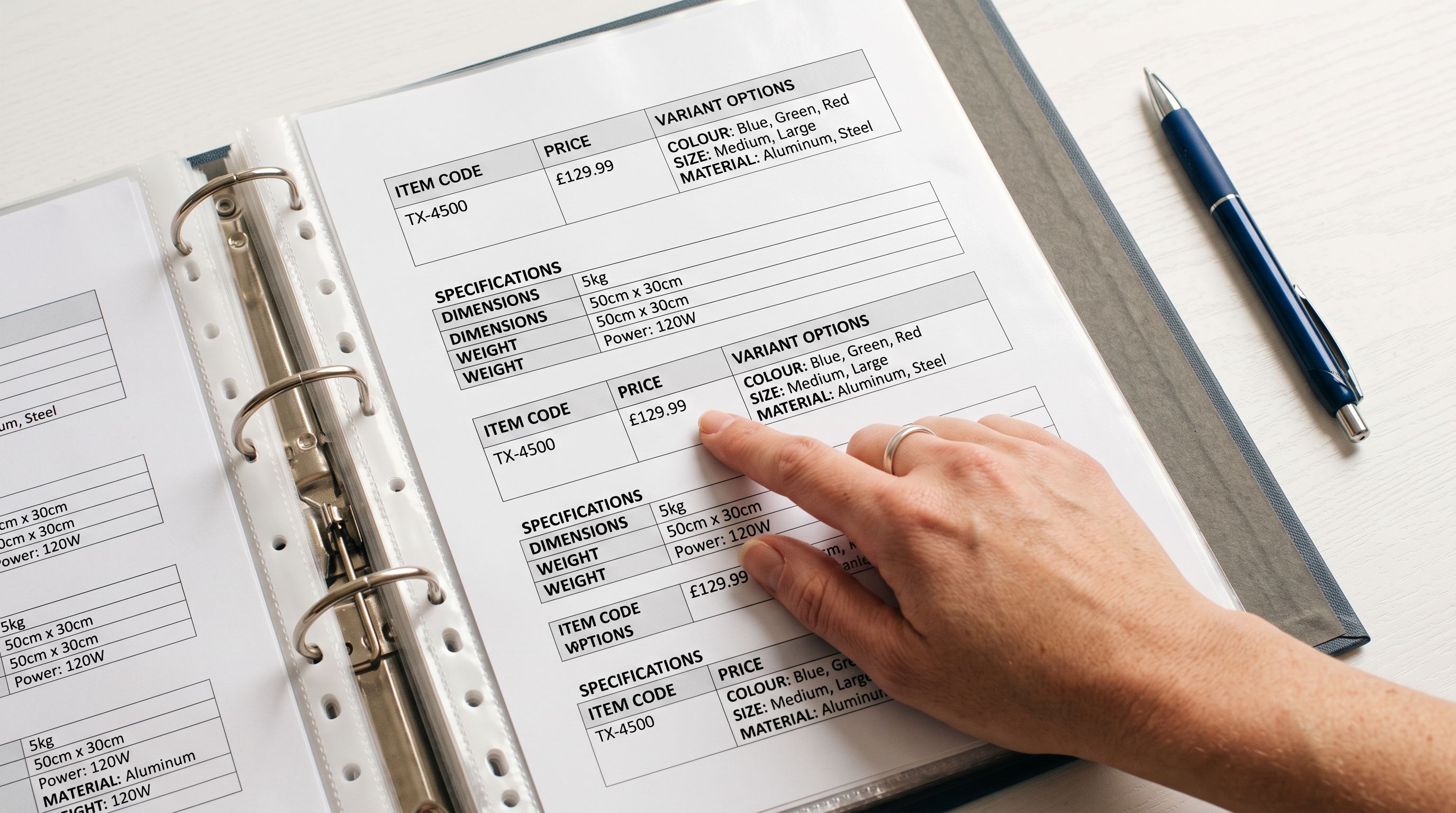 A hand pointing at a printed product specification sheet with item code, price, and variants in a ring binder.