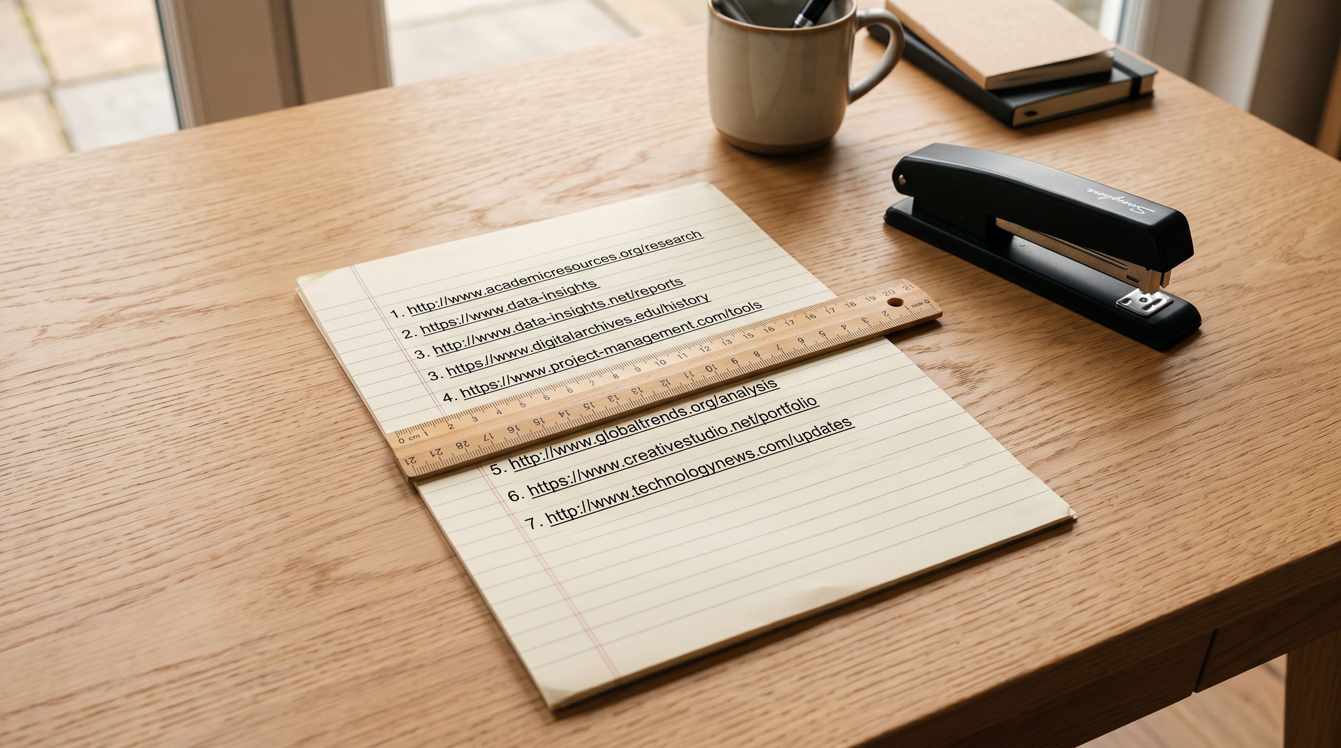 A printed list of web addresses on lined paper with a ruler underlining each entry on a pale oak desk.