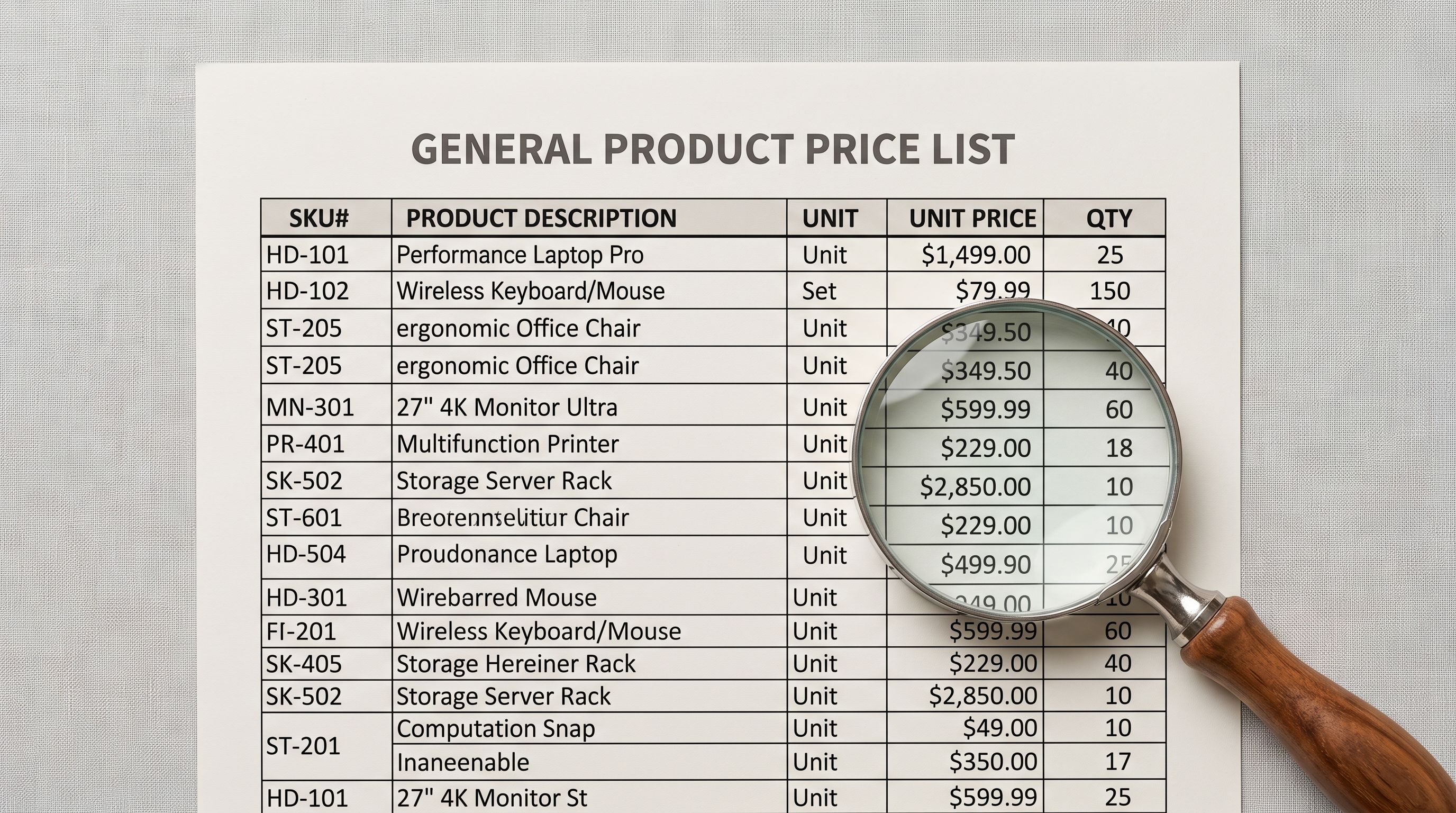 A printed PDF price list with tabular product rows on a light grey surface with a magnifying glass on the corner.
