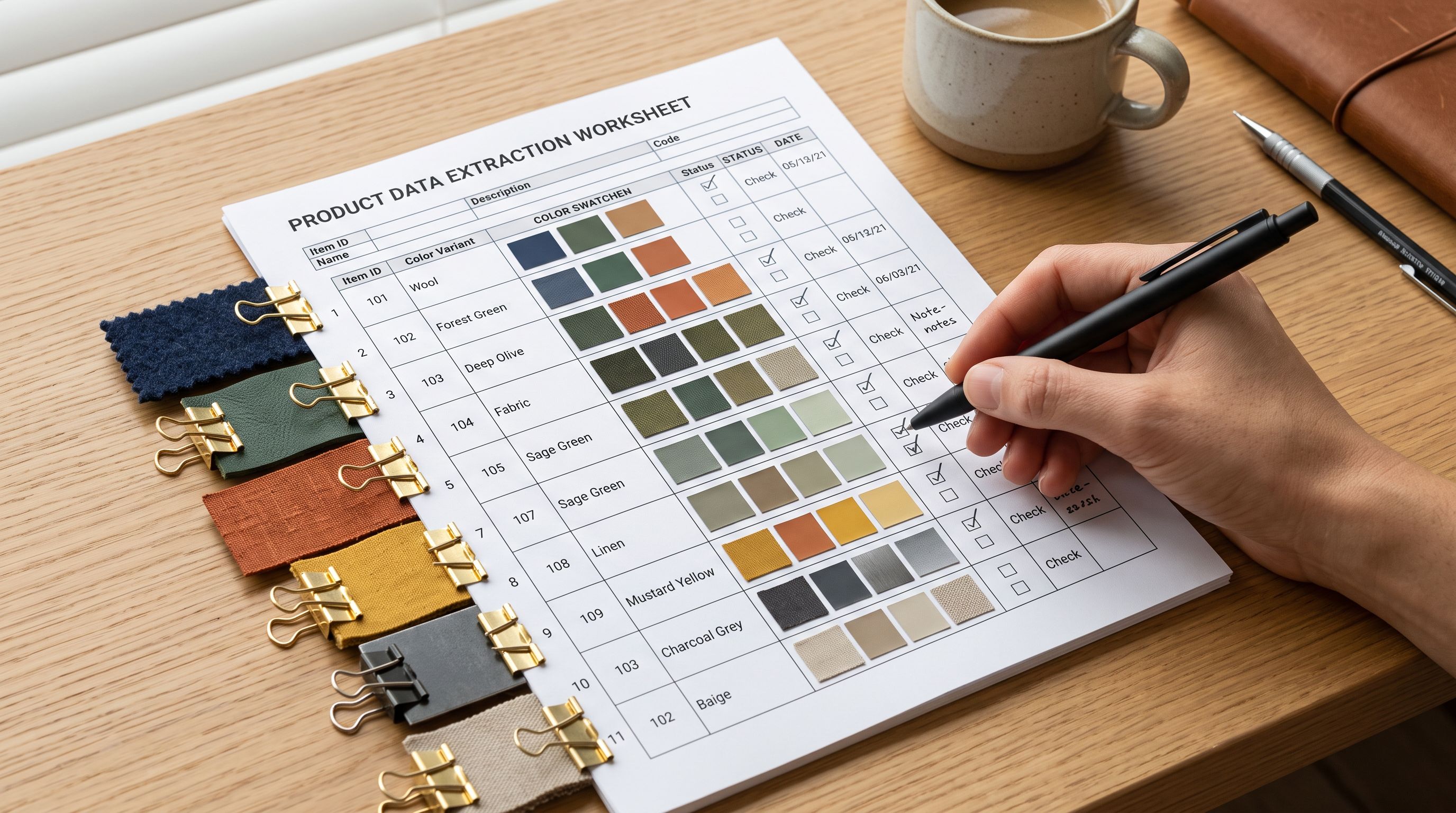 A printed product data extraction worksheet with colour swatches clipped beside variant description rows.
