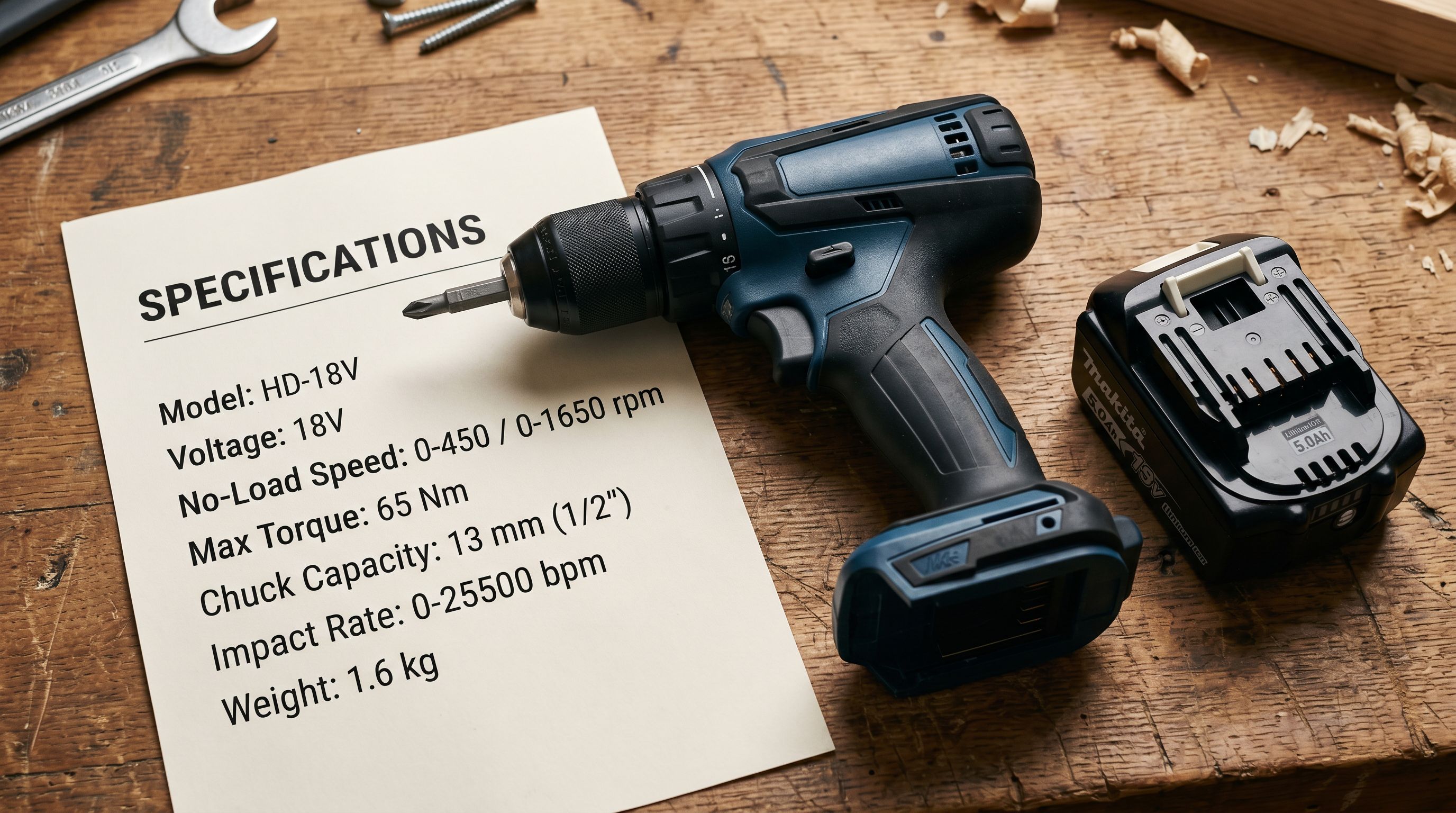 Cordless power drill on a workshop bench beside a lithium battery pack and a printed specification sheet showing voltage and torque ratings.