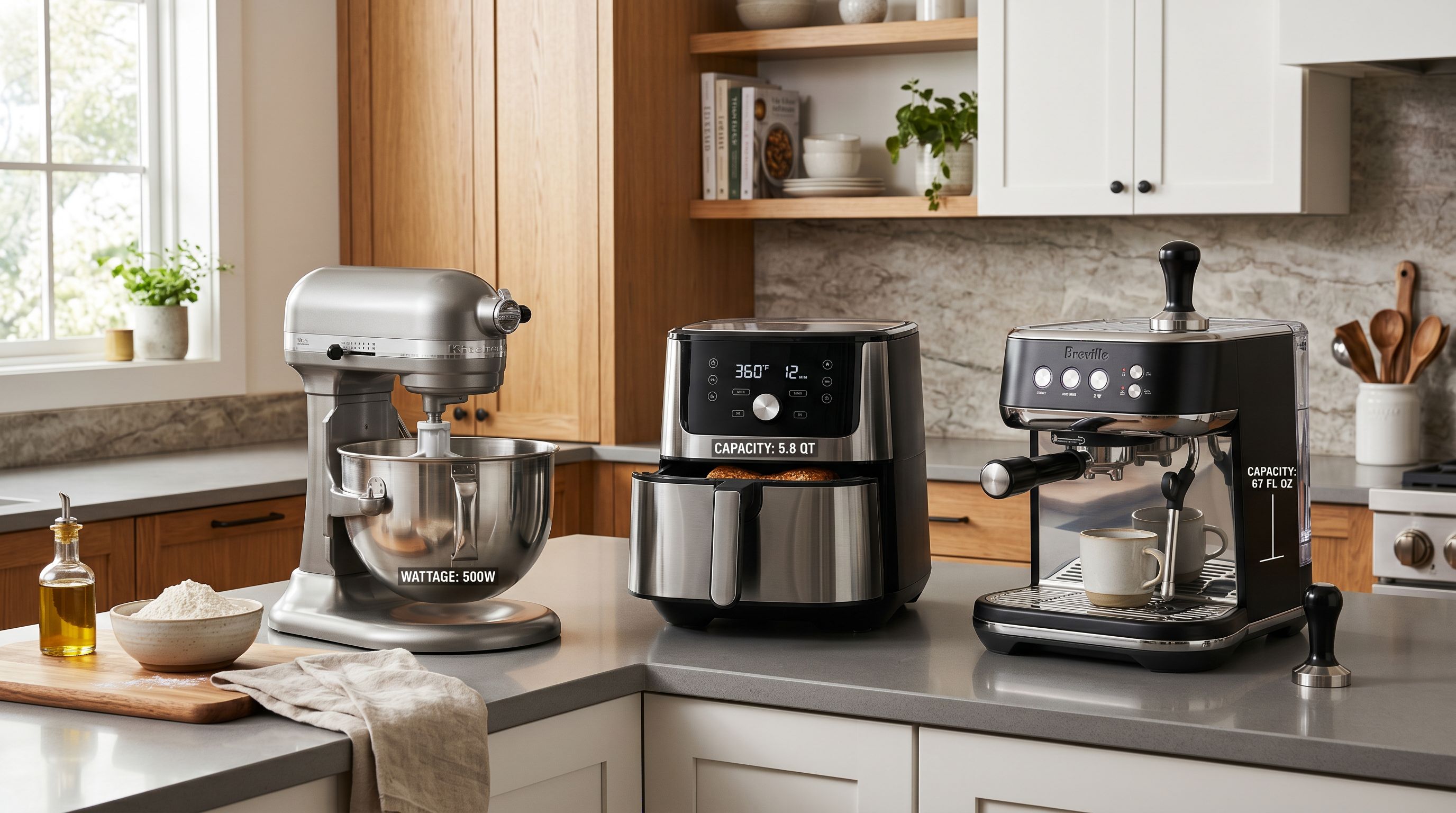 Kitchen counter with a stand mixer, air fryer, and coffee machine arranged side by side in a modern kitchen.