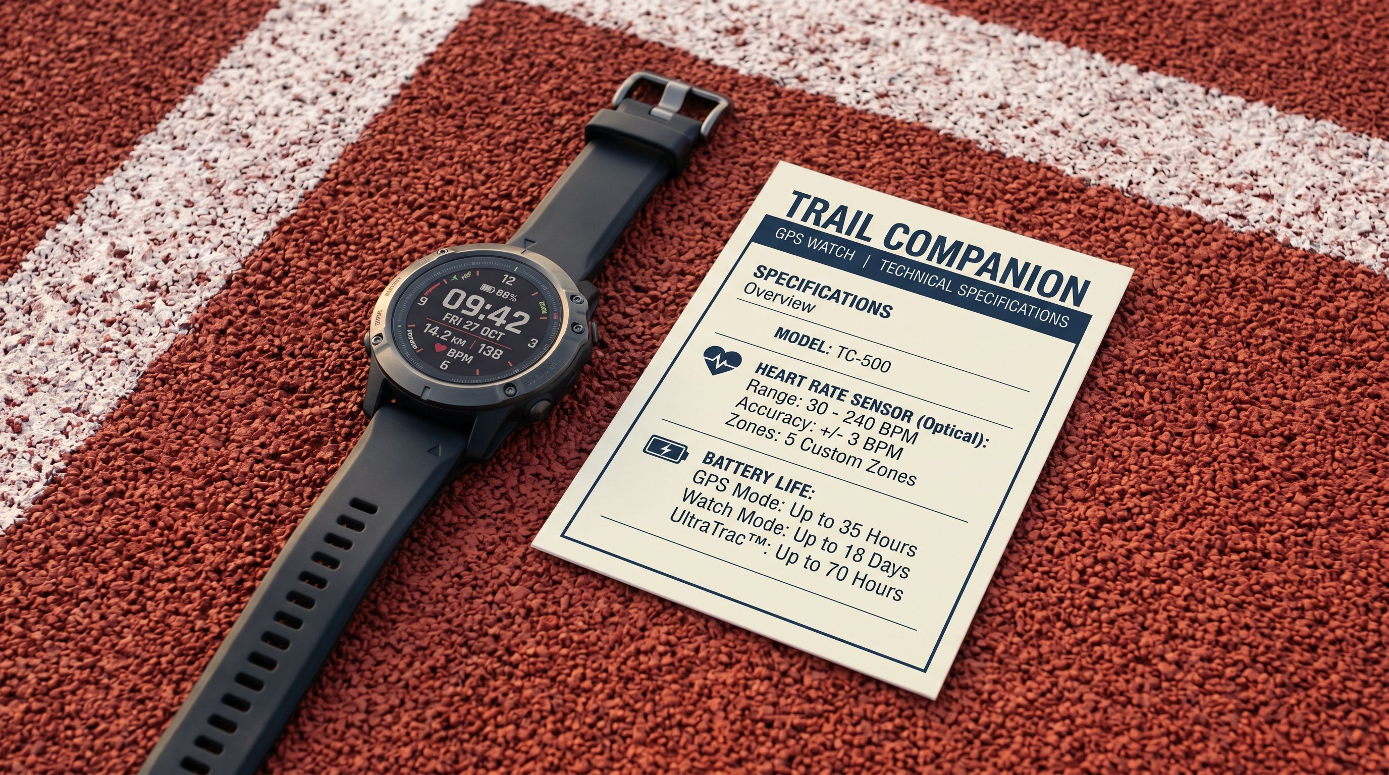 GPS sports watch on a running track surface next to a printed specification card showing heart rate sensor range and battery life data.