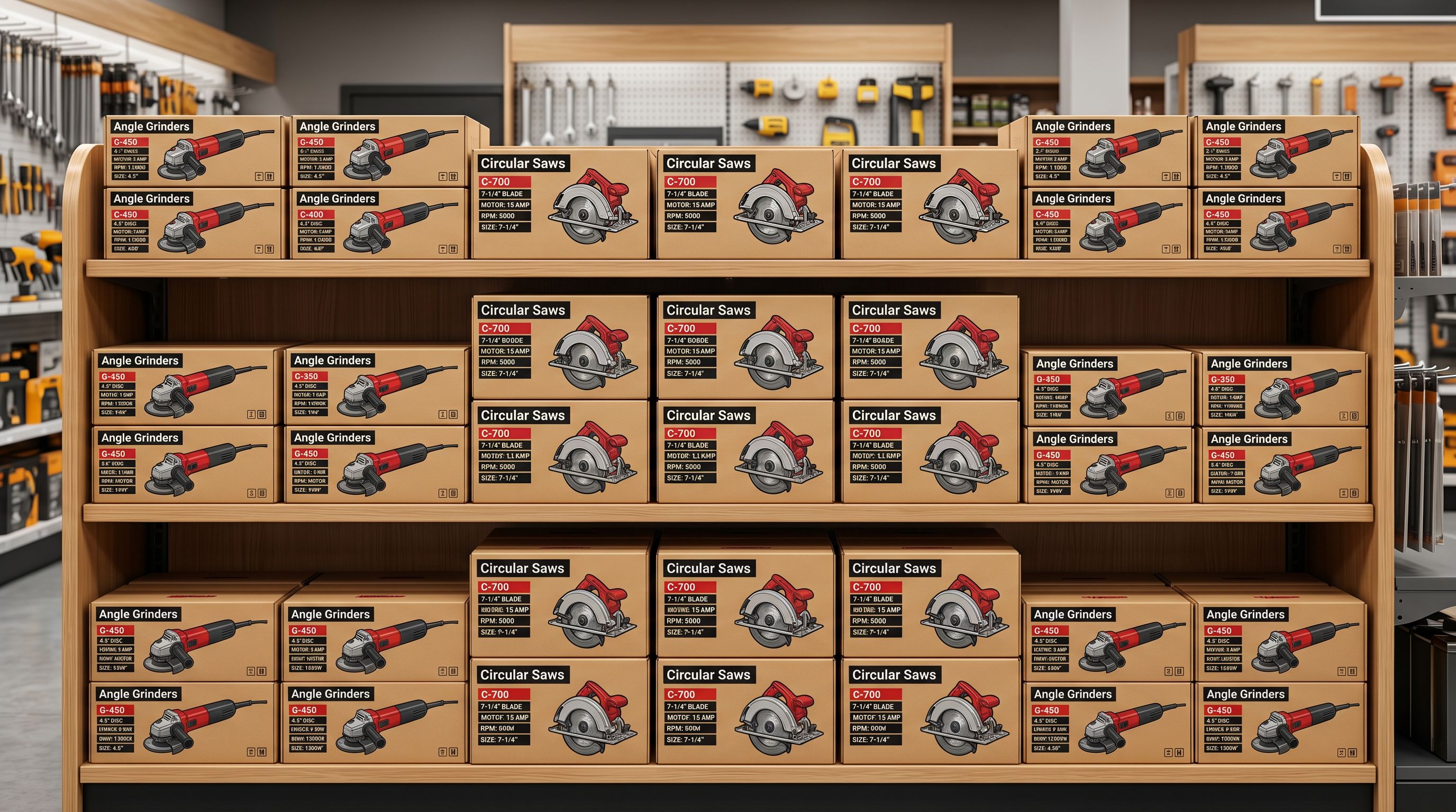 Hardware store display of boxed power tools including circular saws and angle grinders with specification labels showing voltage and motor ratings.
