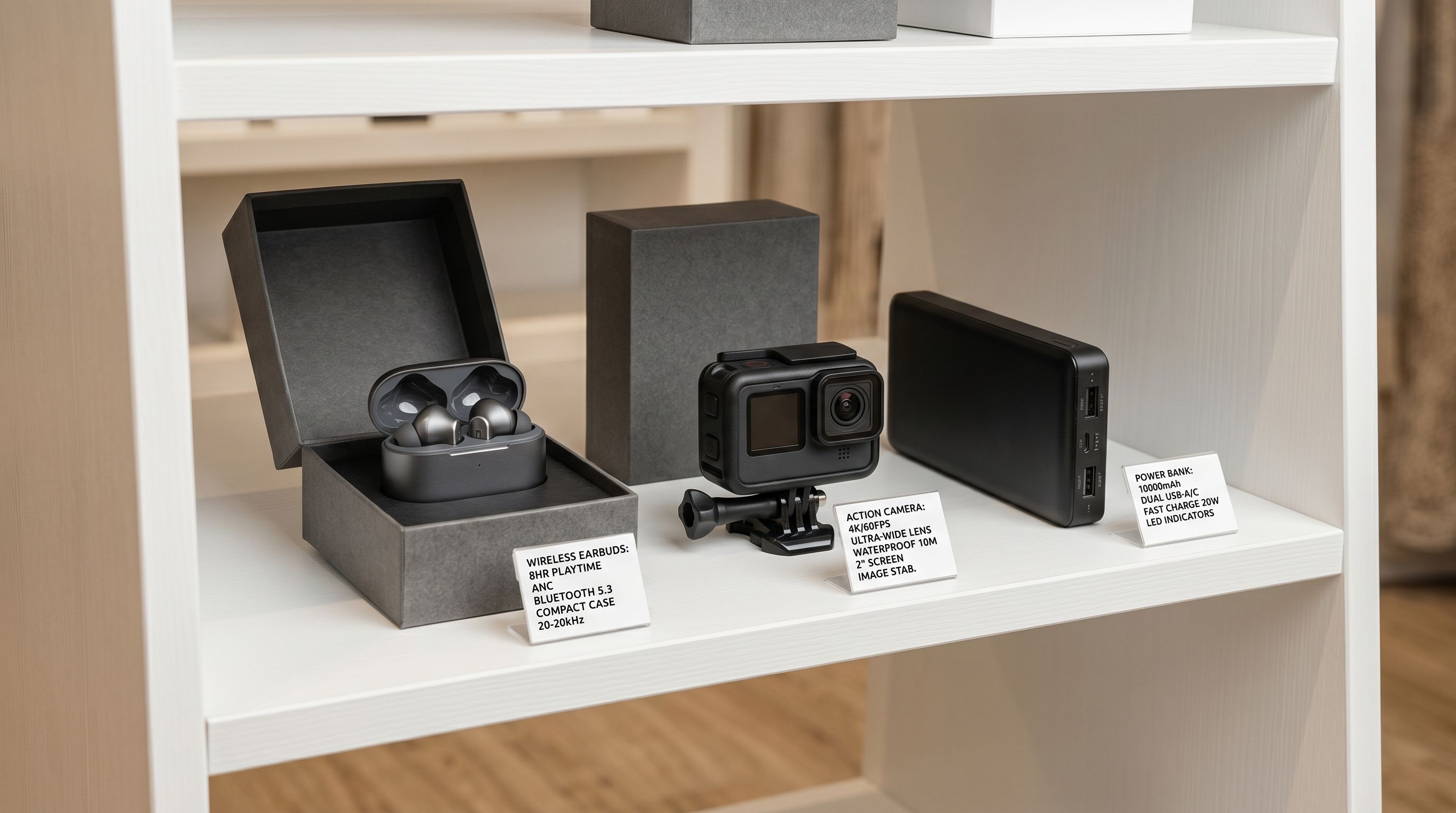 Retail shelf display of consumer electronics including wireless earphones, an action camera, and a power bank arranged with specification tags.