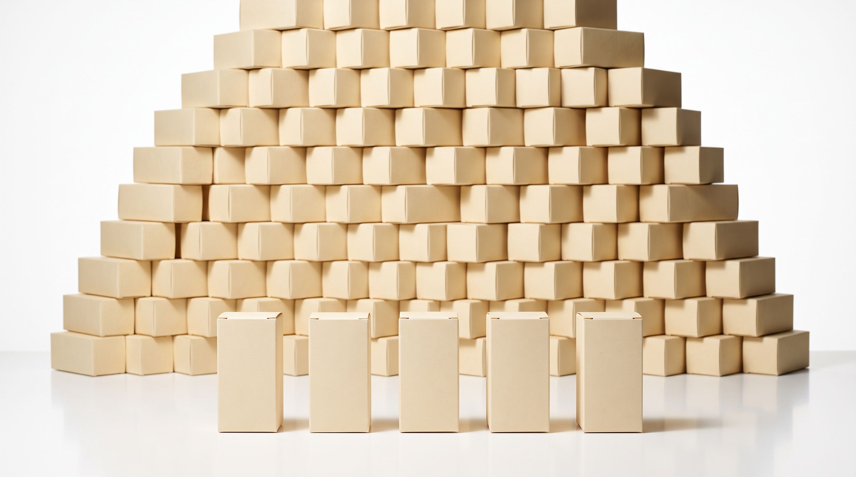 A small set of five product boxes arranged in a neat line on a white table beside a larger stack of identical boxes waiting in the background.