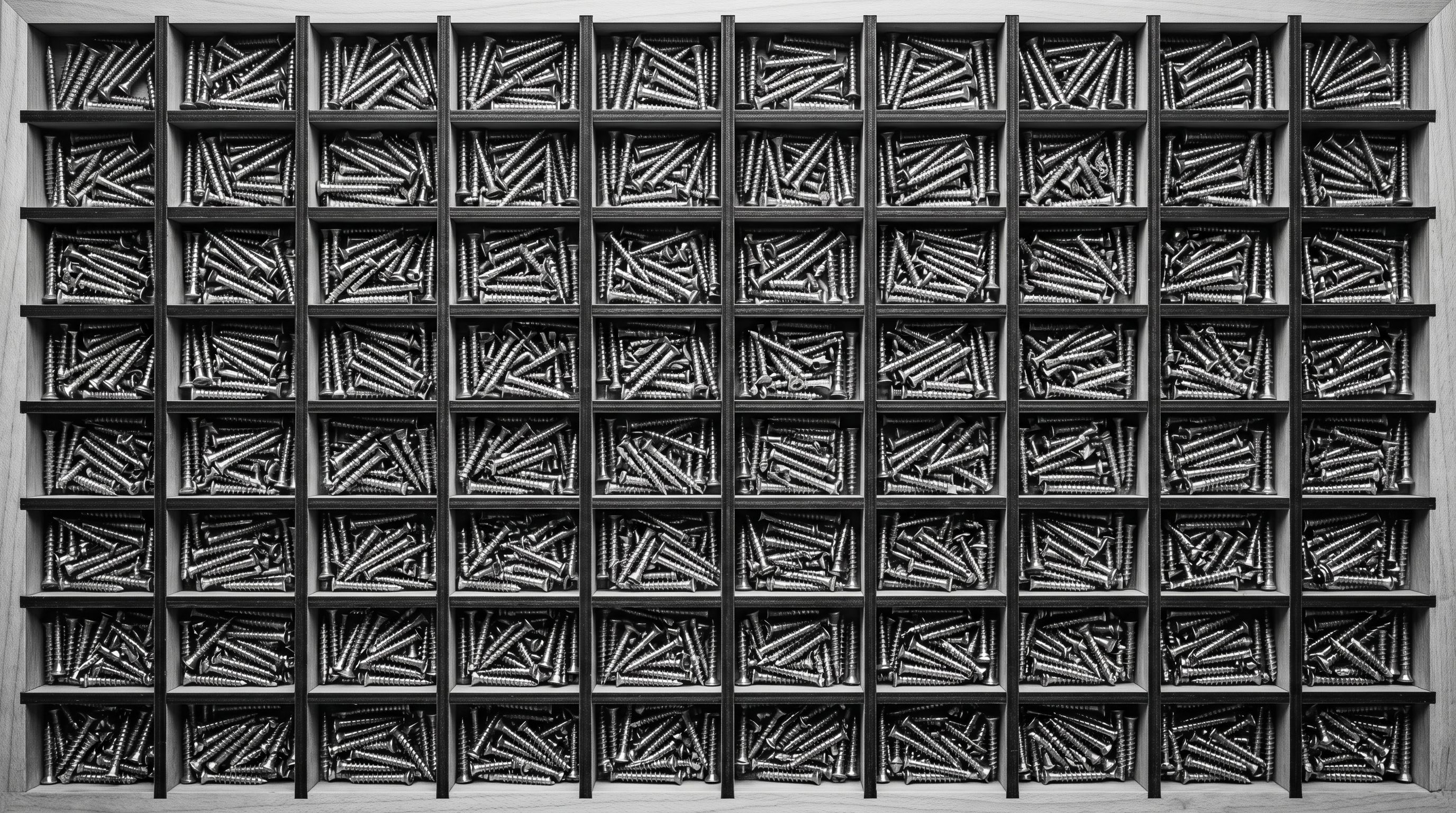 Overhead view of a wooden display tray with all compartments uniformly and completely filled.