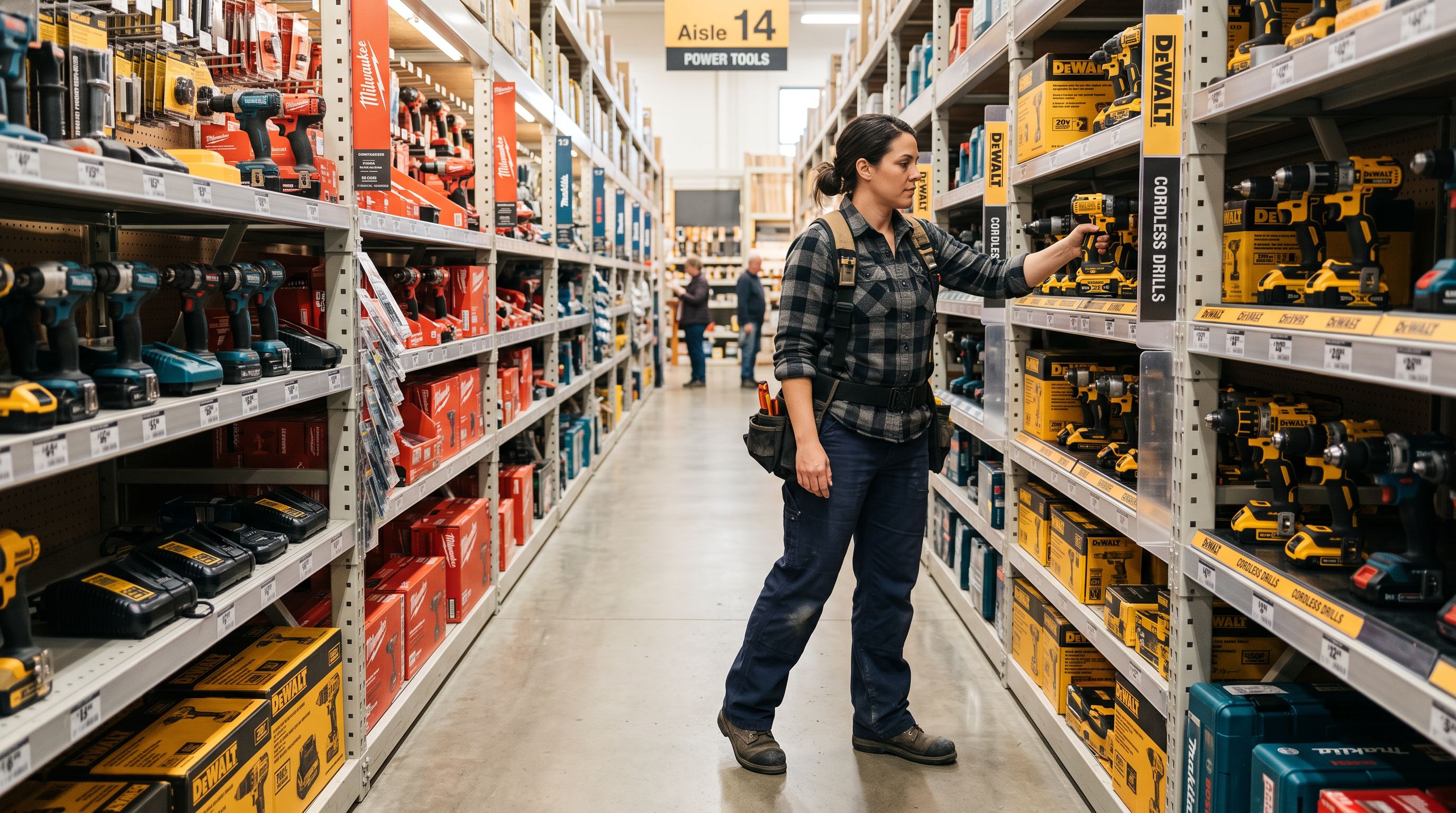 A builder selecting a cordless drill from a trade hardware store shelf organised by voltage with 18V and 36V section dividers clearly labelled.