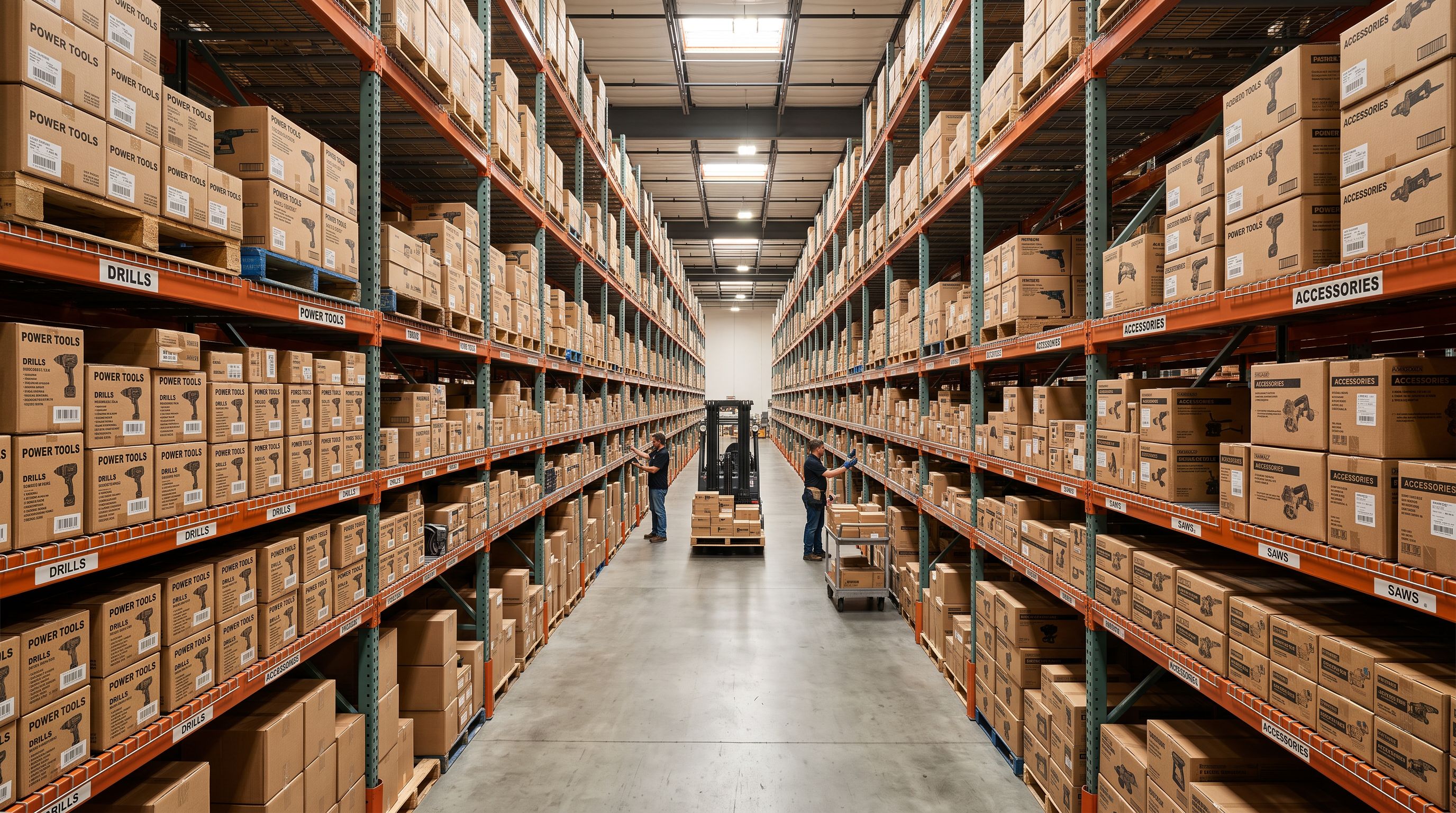 A trade distributor warehouse aisle with large metal shelving units stacked with boxed power tools organised by product category and voltage tier labels.