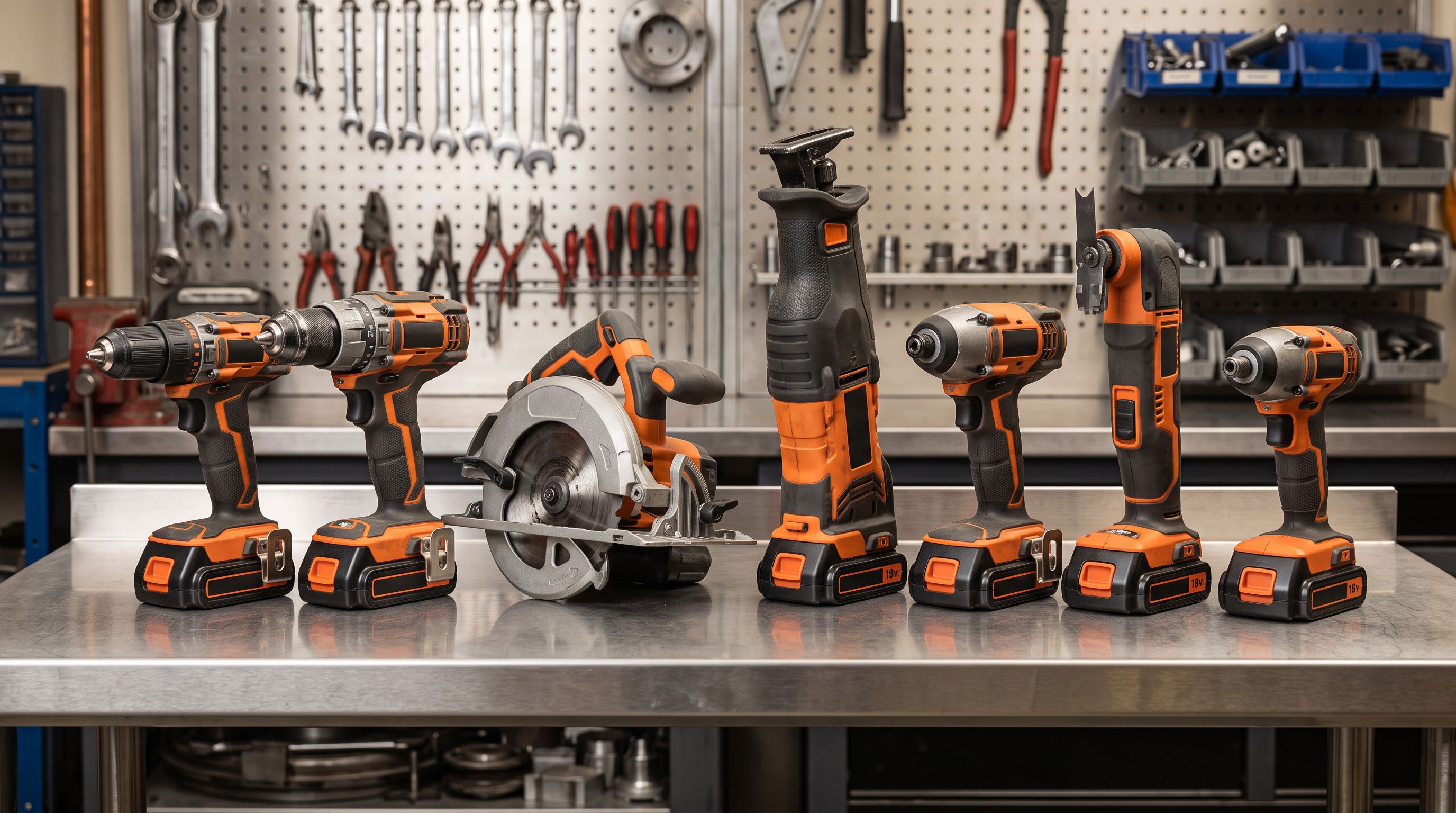 A row of professional power tools arranged on a grey metal workshop shelf with visible brand labels and voltage markings on each tool body.