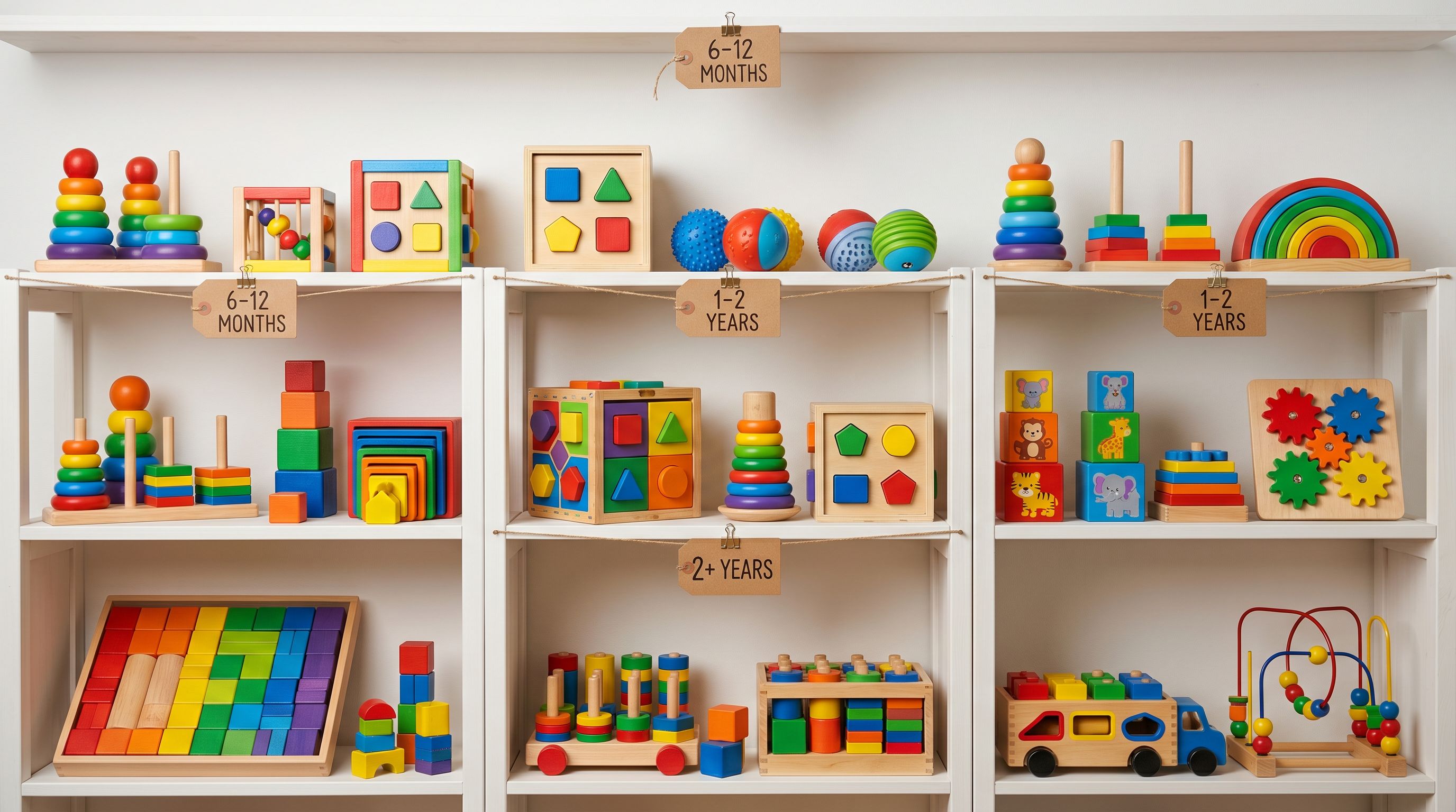 Wooden toy building blocks, shape sorters, and stacking rings arranged by colour on a playroom shelf with age range labels attached to each toy.