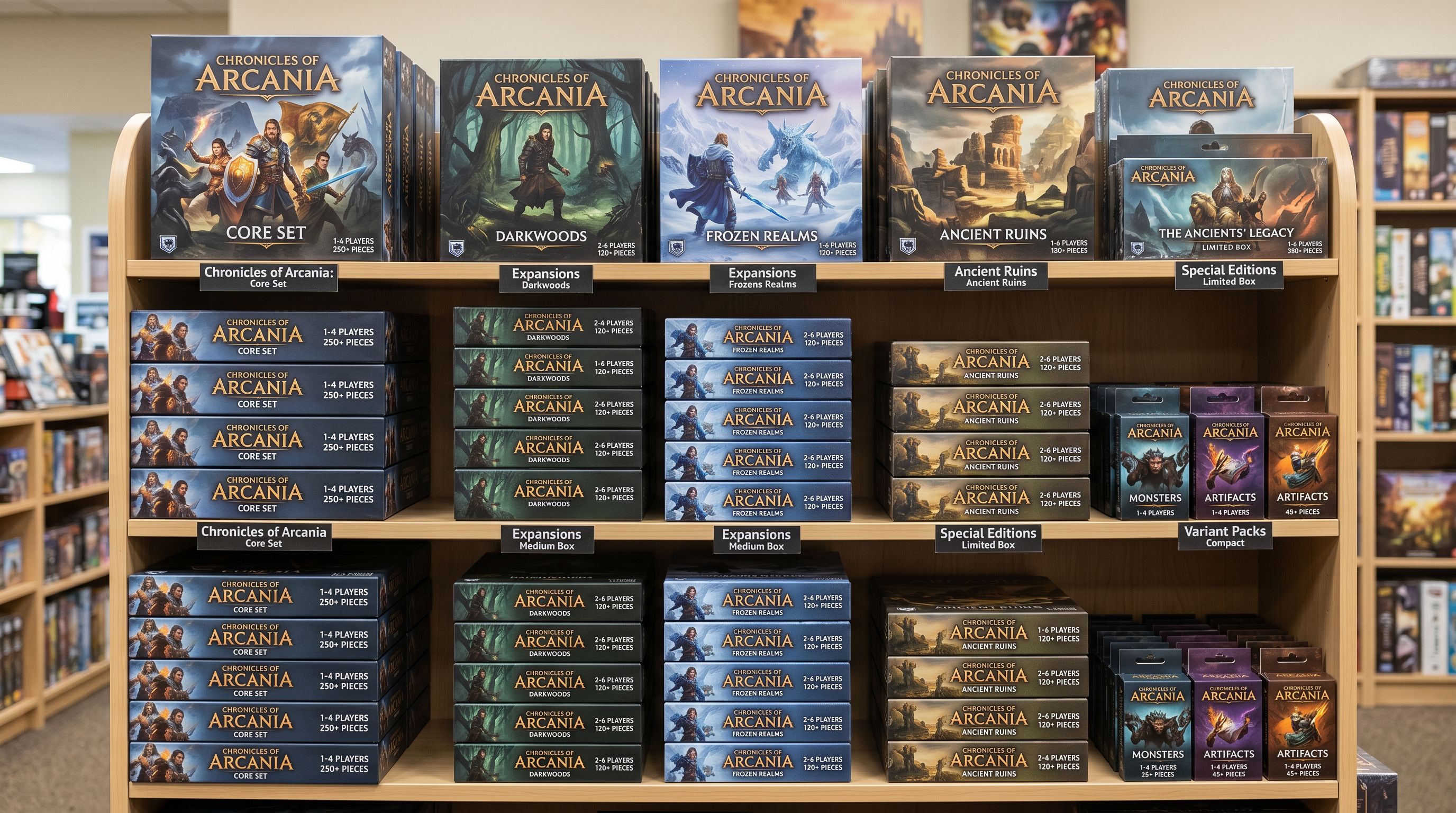 Stacks of boxed board games on retail shelving arranged by category, edition variants visible on packaging with piece count numbers prominent on box fronts.