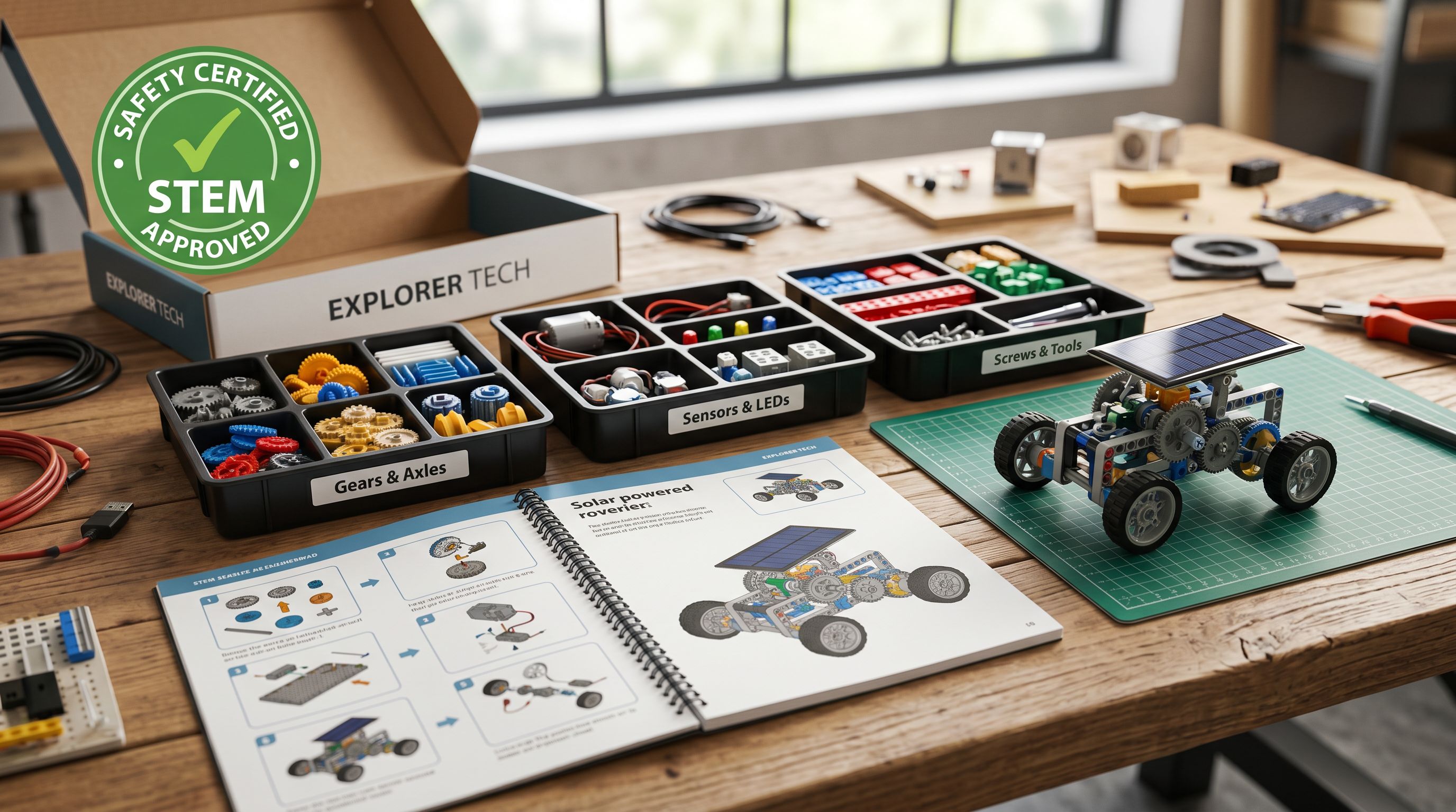 A STEM science kit with labelled components, instruction booklet, and safety certification sticker displayed on a white surface under neutral studio lighting.