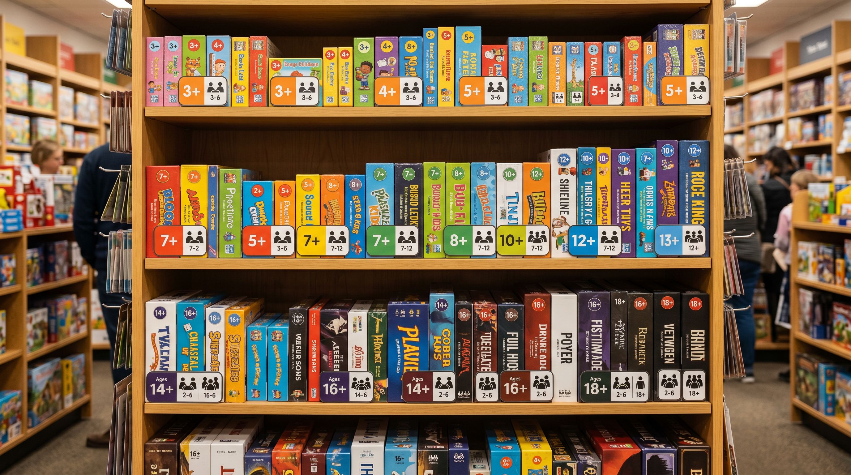 A toy store display showing grouped board game editions with price tags and age rating stickers visible, organised by recommended player count on a retail shelf.