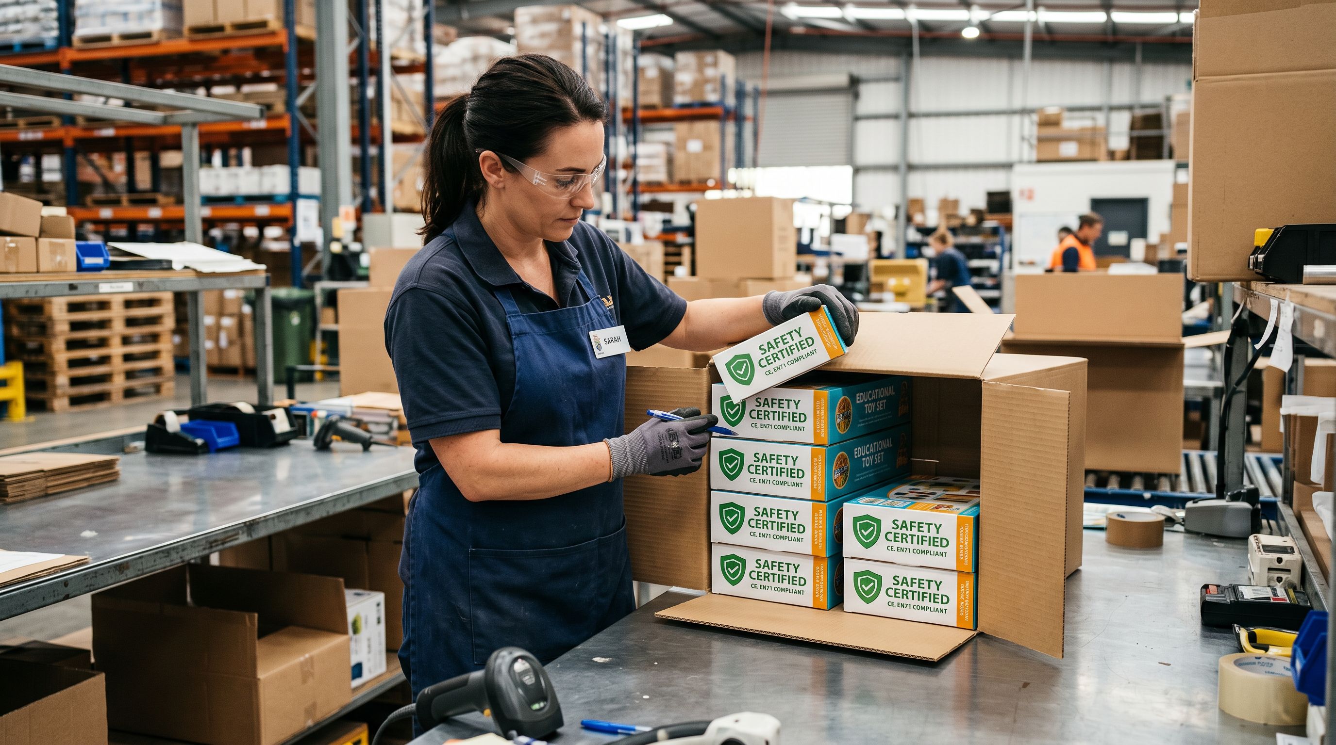 A person's hands checking safety certification labels on toy product boxes arranged in a shipping carton on a warehouse workbench.