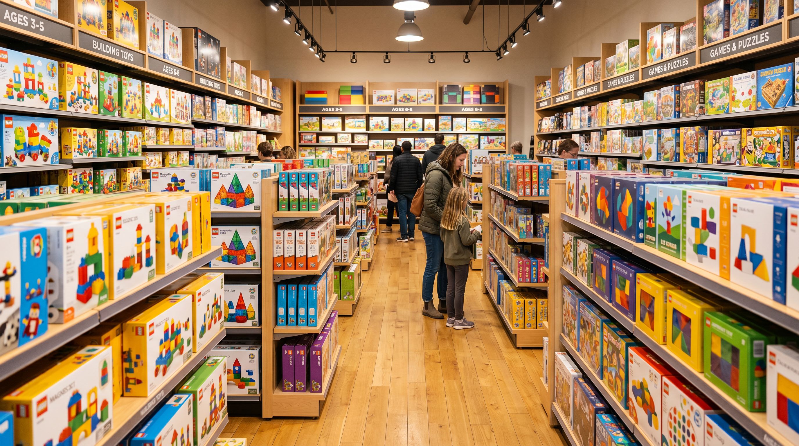 Organised retail toy store shelves with boxed games and toys sorted by age range label, bright product packaging clearly visible under retail lighting.
