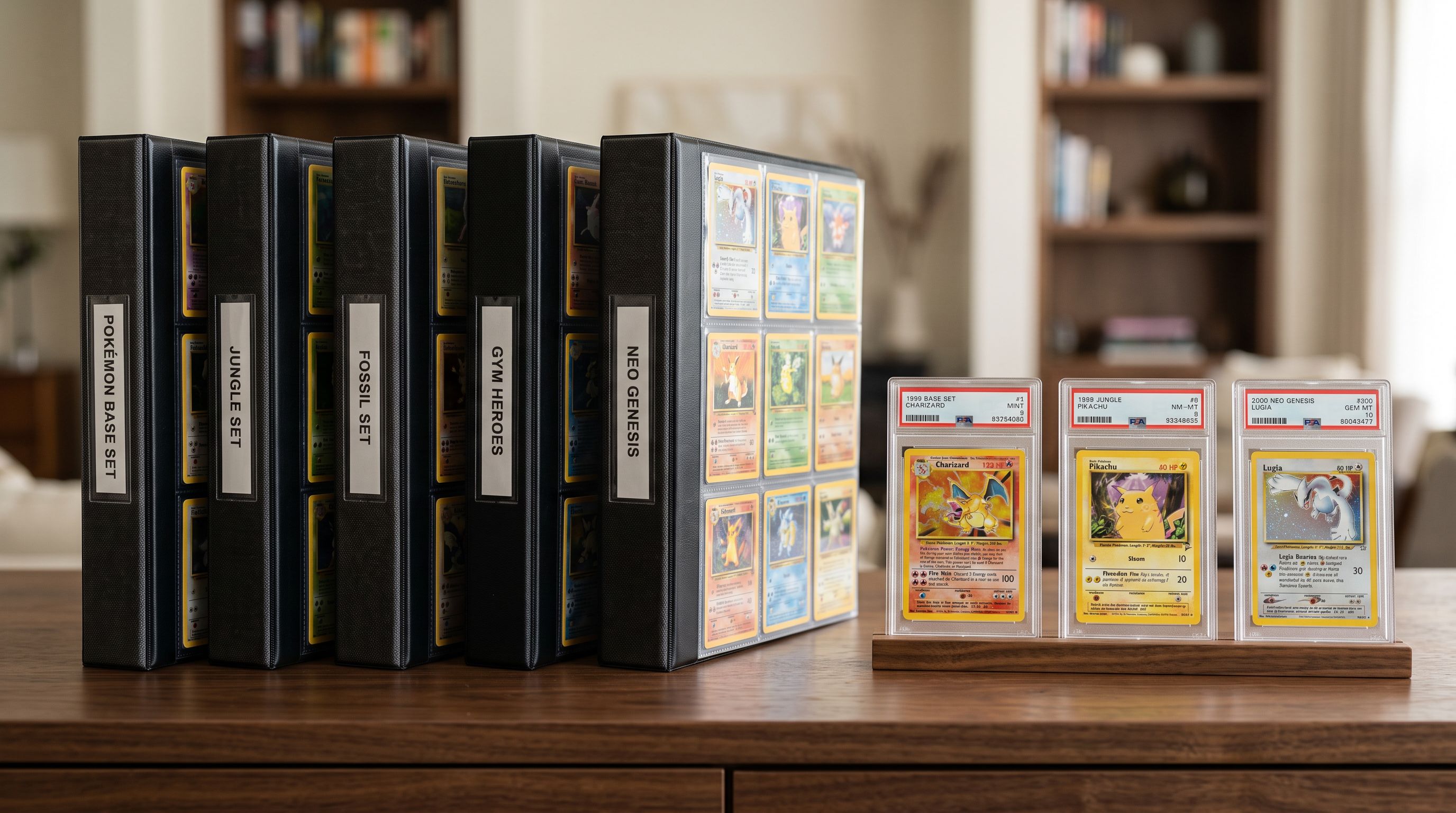 Trading card collection arranged by set with PSA grading slabs and condition labels on a display surface.