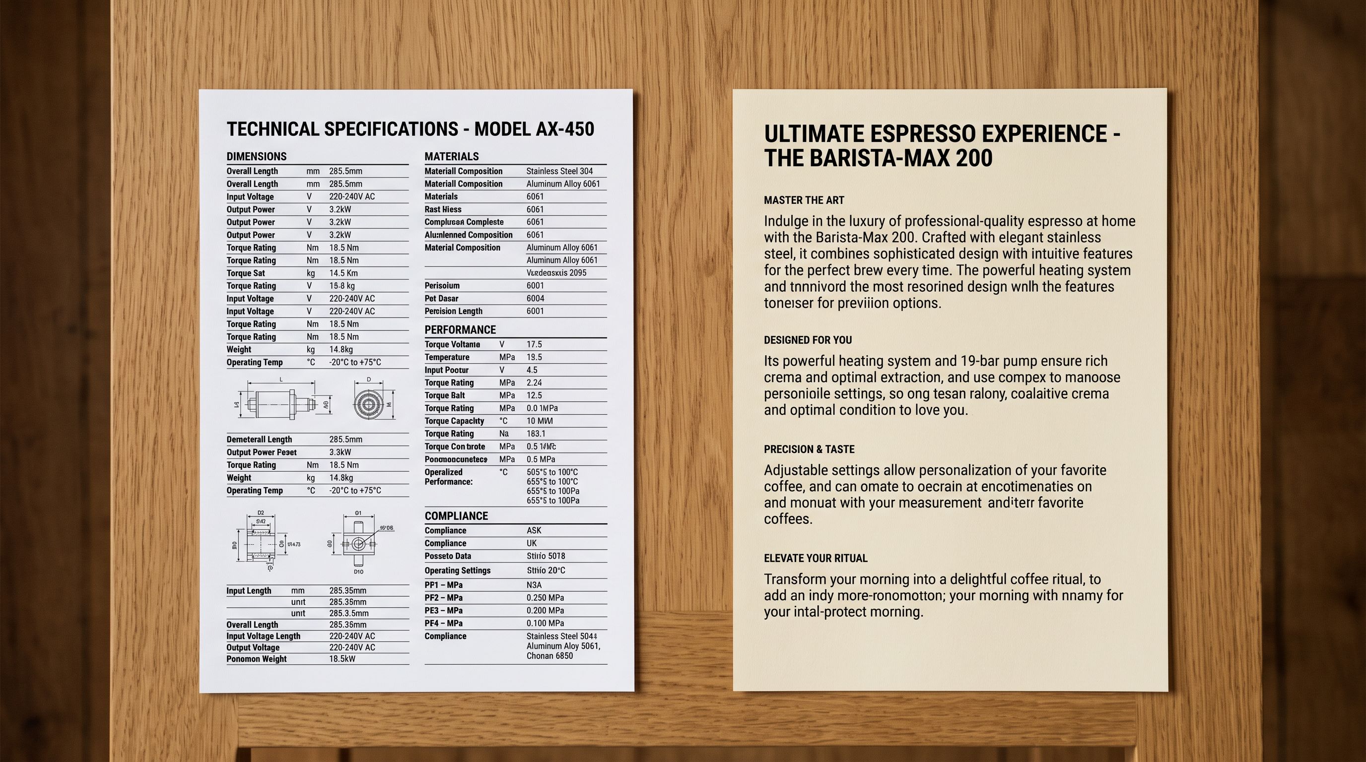 A dense two-column supplier specification printout beside a single-page retail product description on cream paper.