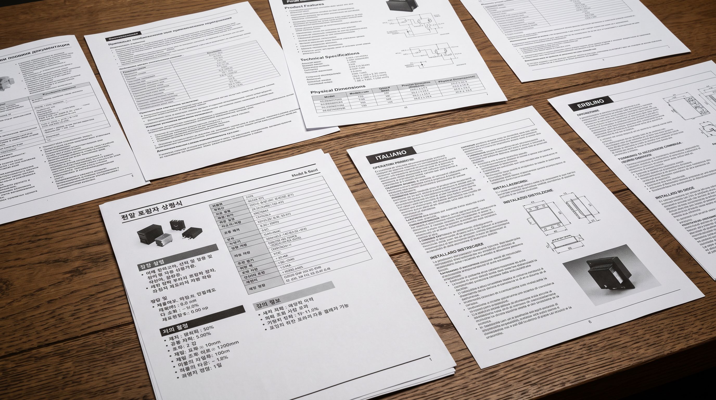 Product data sheets in multiple languages spread overlapping on a wooden table.