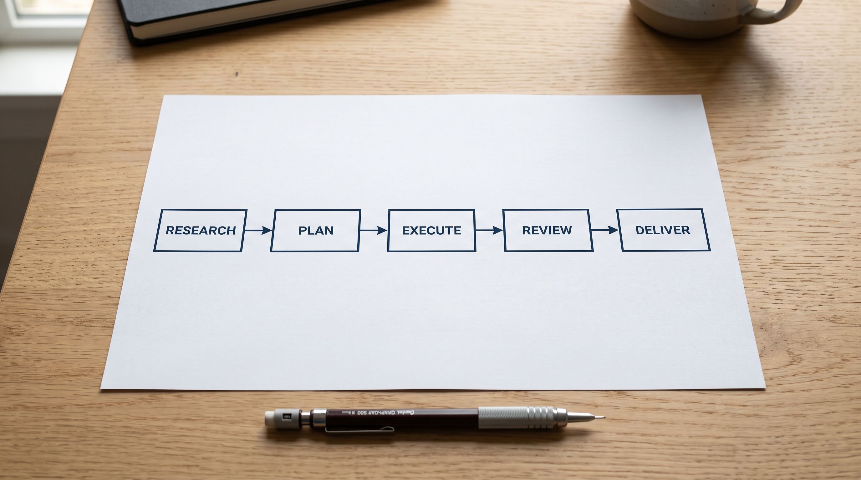 A printed five-step sequential workflow chart on white paper with a mechanical pencil resting below.