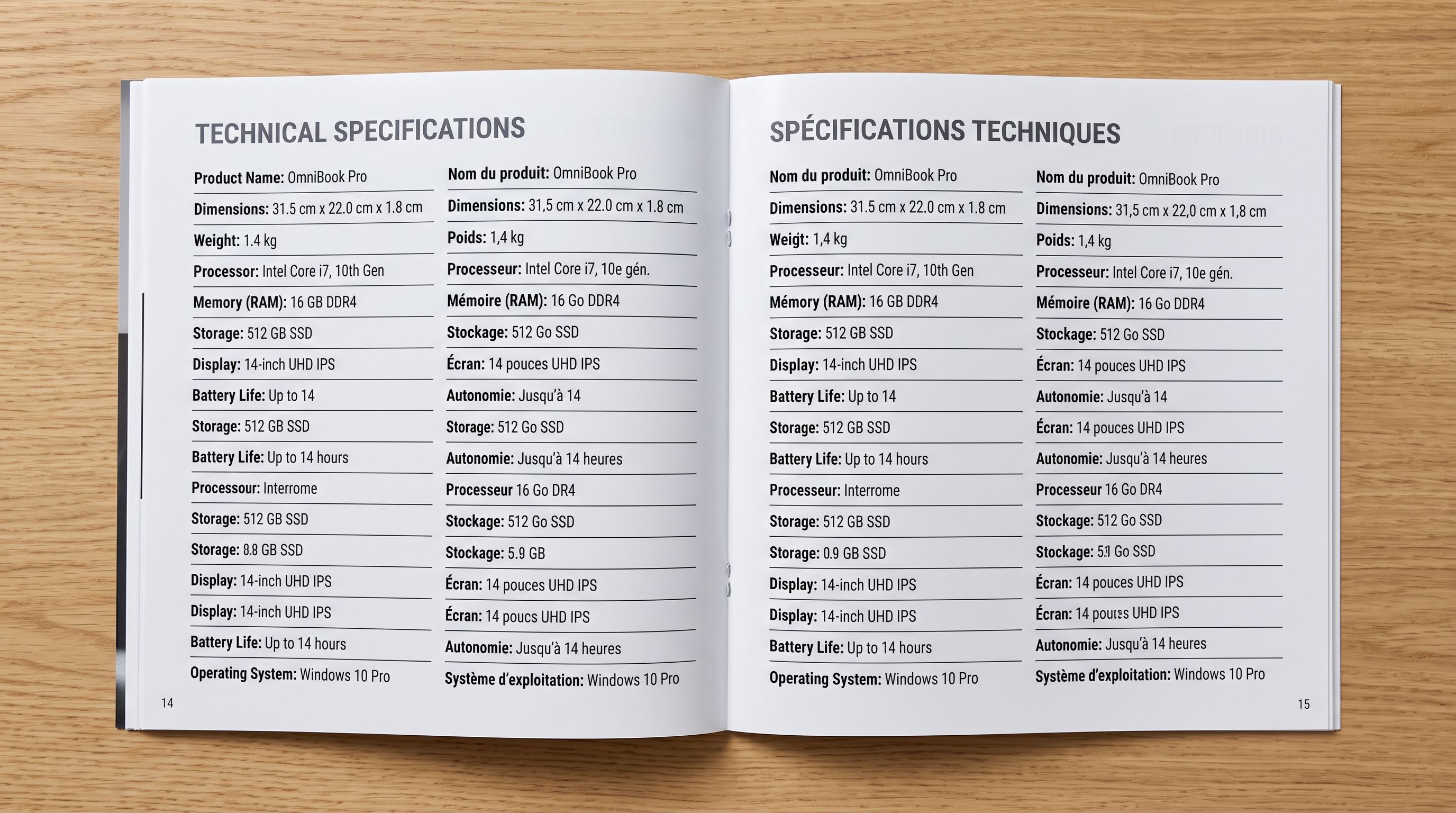 A bilingual product catalogue page showing English and French attribute columns side by side on glossy paper.