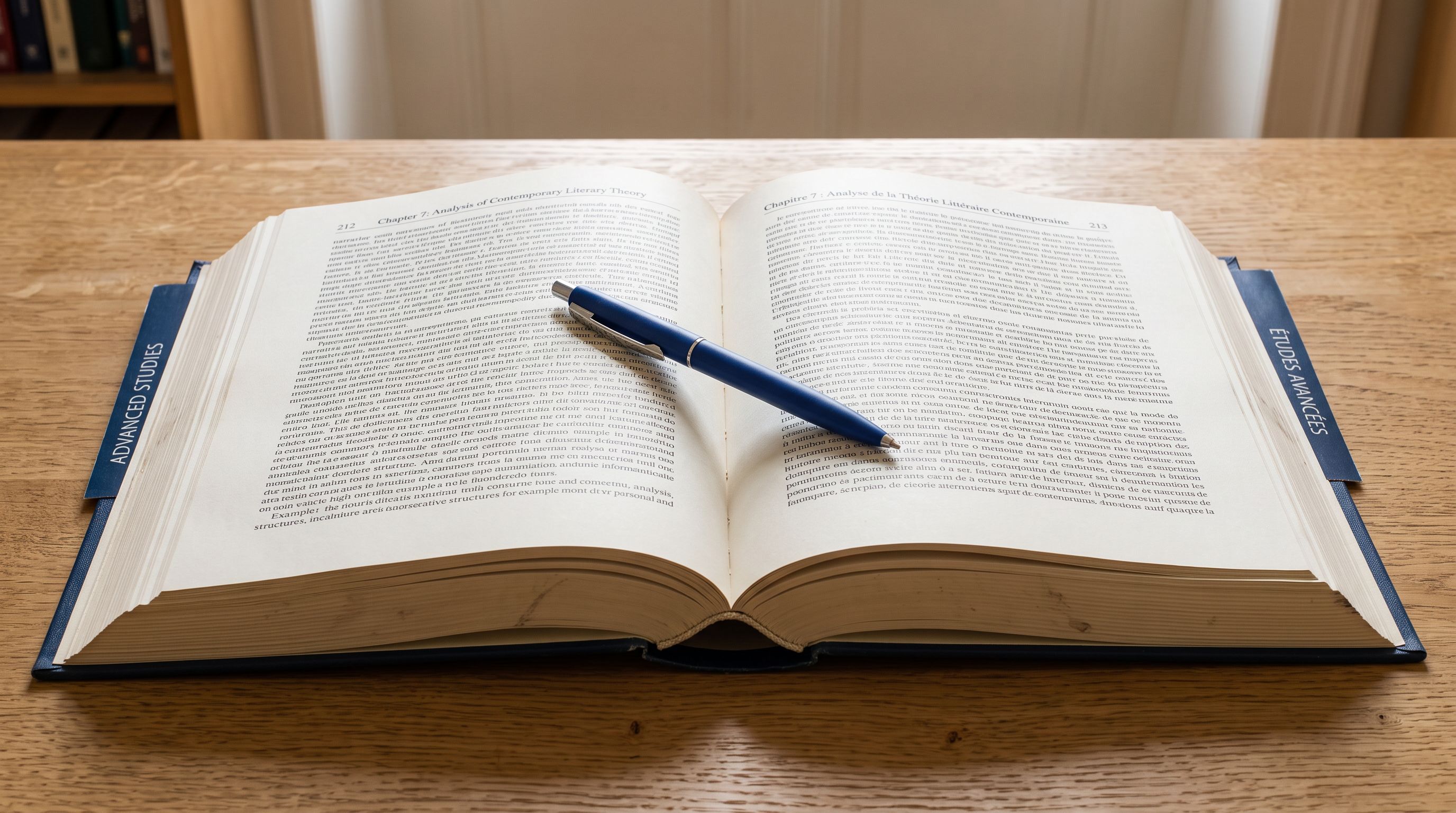 Two open books side by side on a wooden desk, one showing English text and one showing French text, with a pen resting across both.