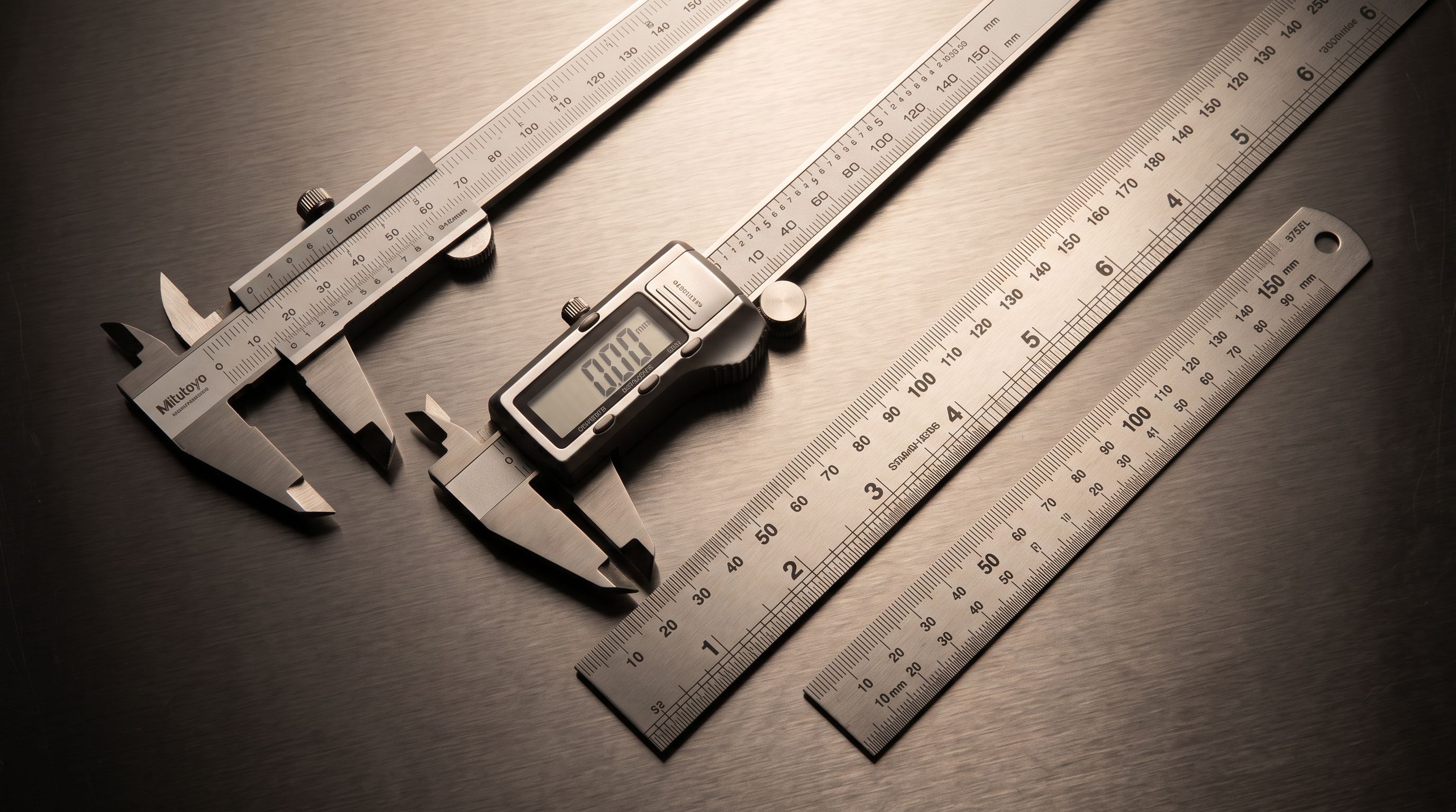 Precision metal callipers on brushed steel representing accurate product data measurement.