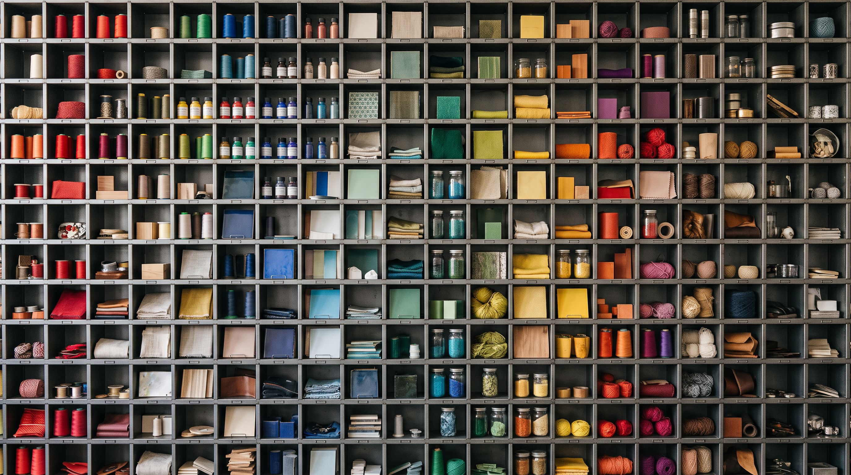 Wall of metal compartments holding coloured objects representing structured product taxonomy.