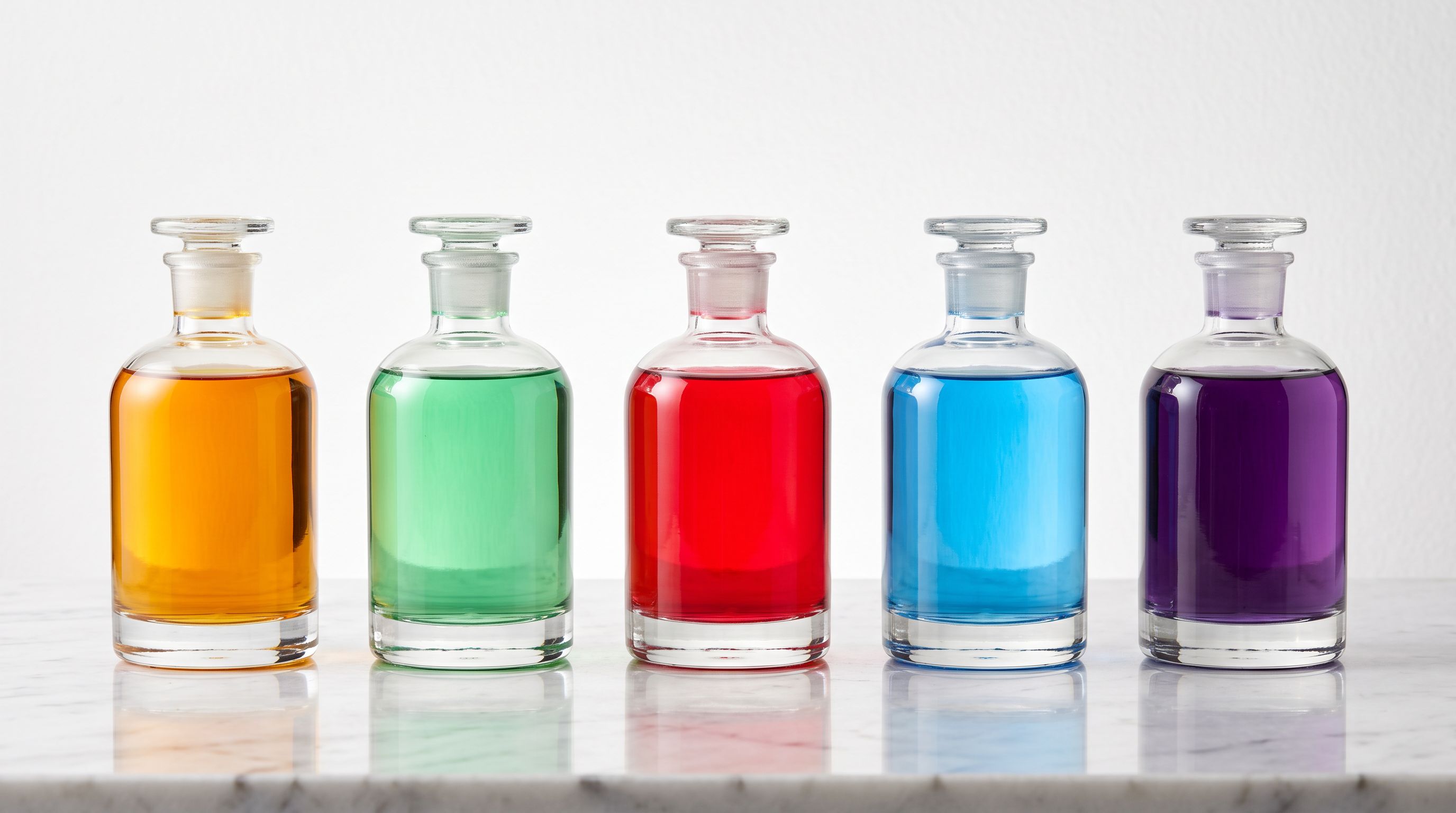 Five coloured glass bottles arranged on white marble representing product data in multiple language markets.