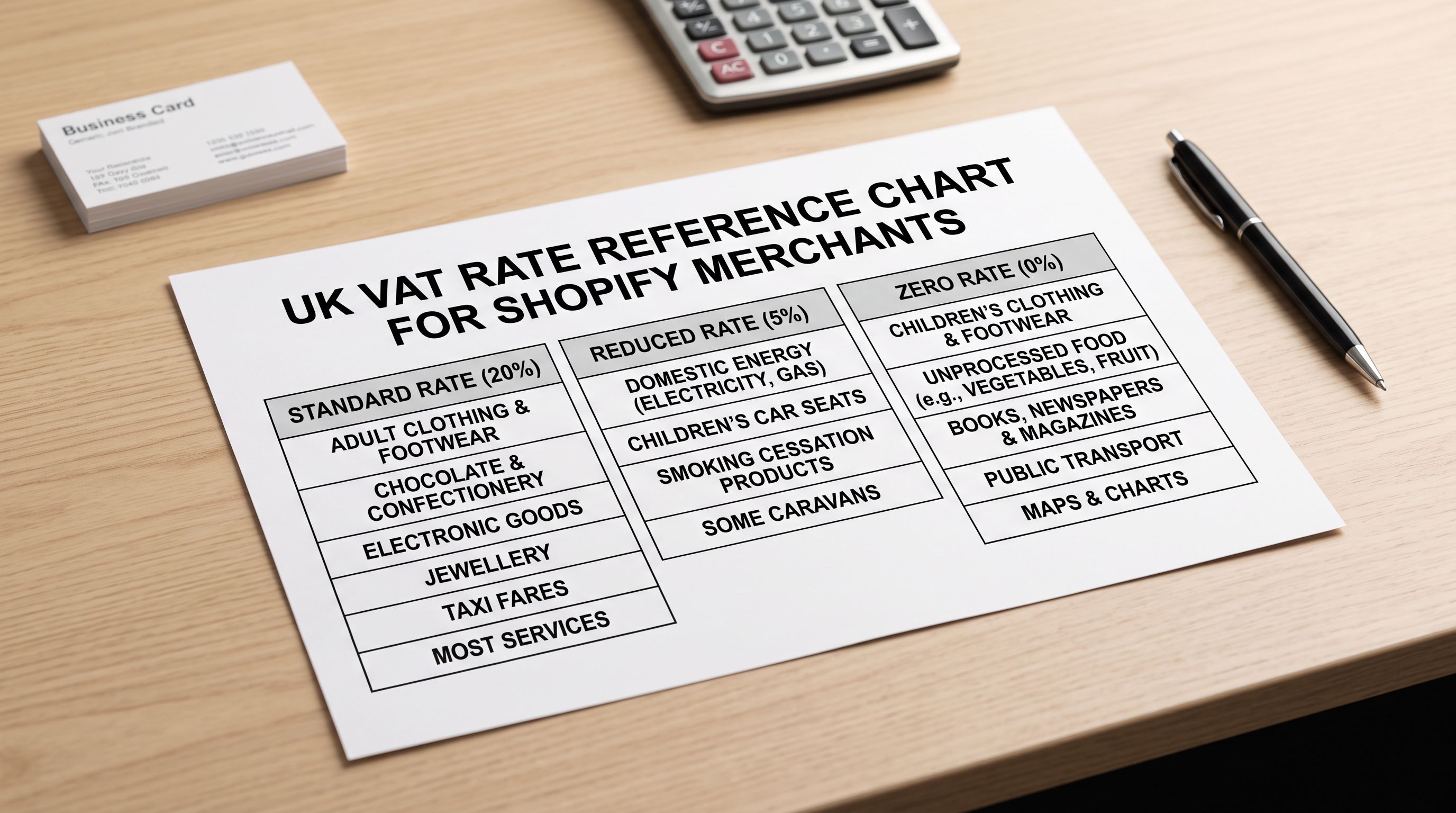 Printed UK VAT rate reference chart showing three rate columns with product category examples under each heading.