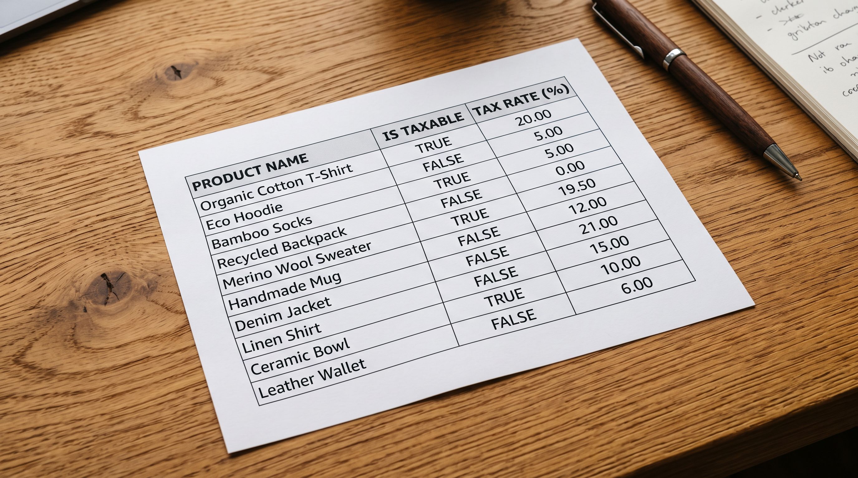 Printed product data table showing taxable TRUE and FALSE values alongside product names and corresponding tax rates per row.