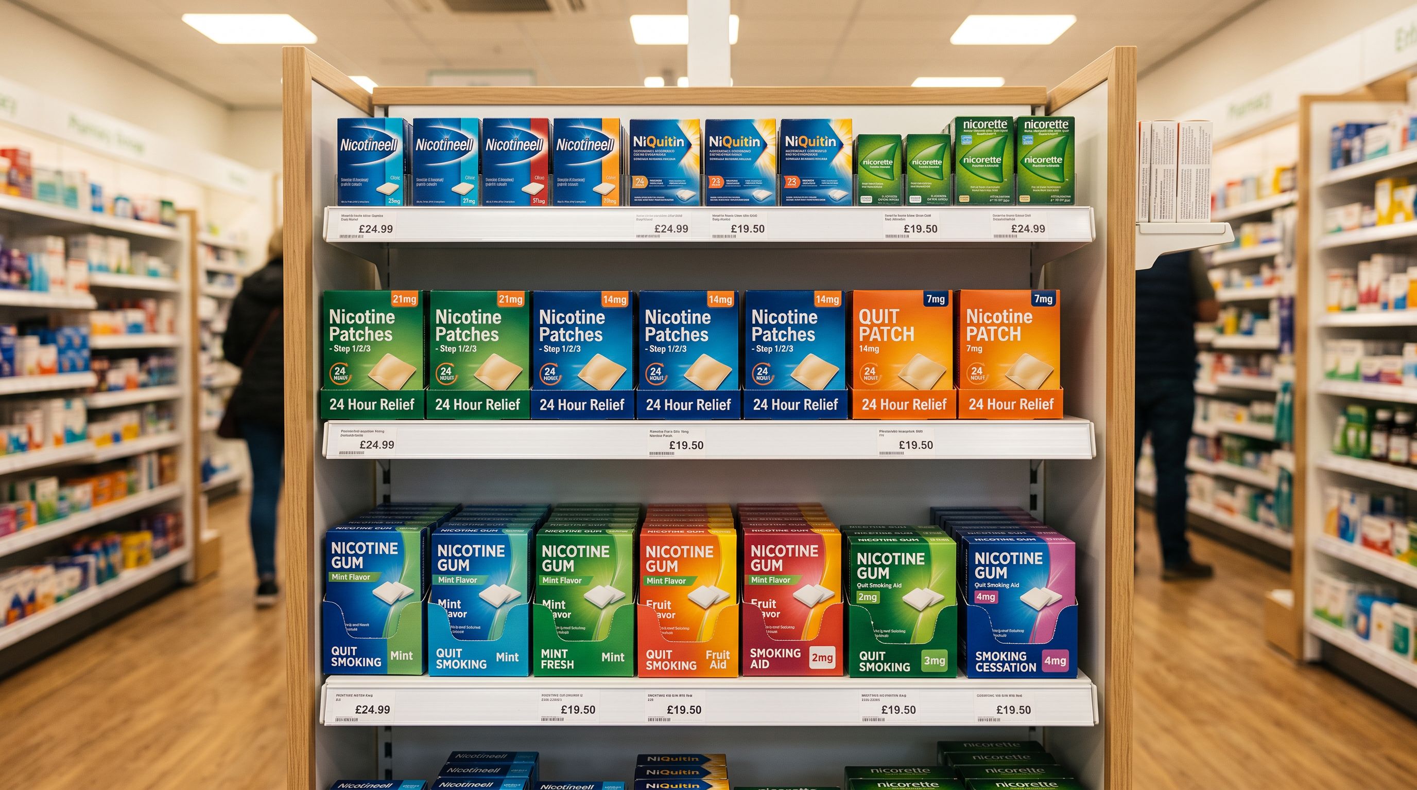 Pharmacy shelf section showing nicotine gum and patch boxes arranged in a clean retail display unit under bright store lighting.