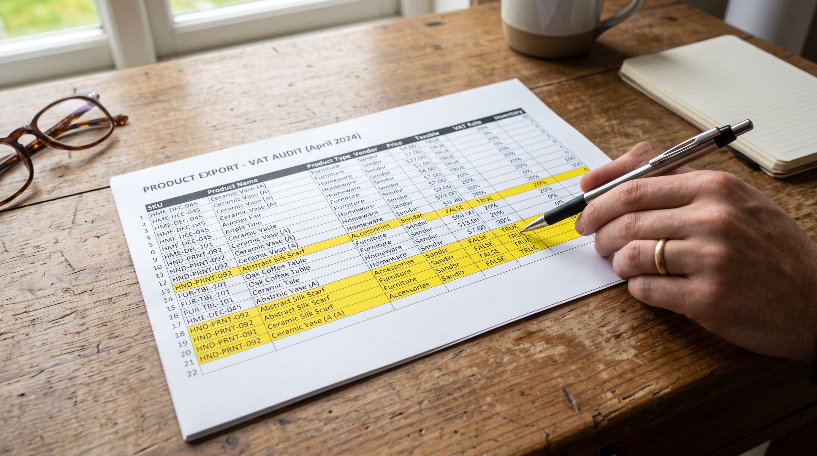 Printed product spreadsheet on a desk with rows highlighted and a pen pointing to taxable status column values for VAT audit review.