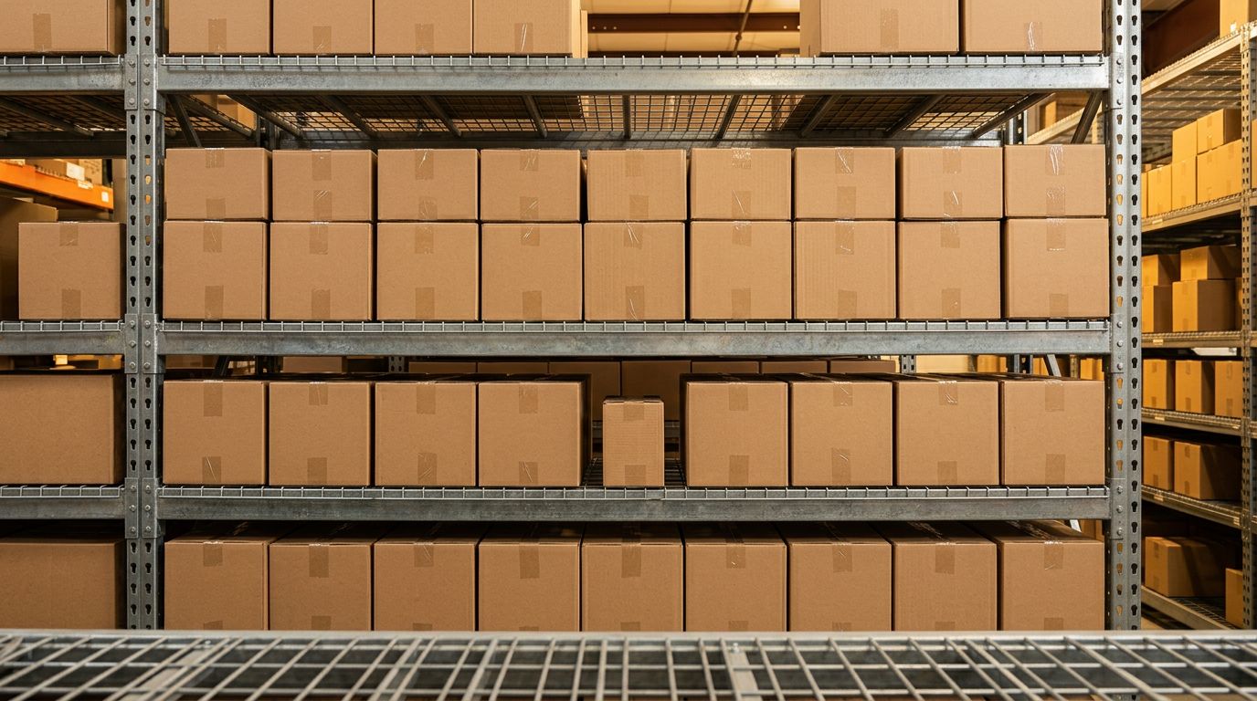 Warehouse shelving with uniform cardboard boxes stacked in rows, one mismatched box of a different size breaking the orderly arrangement