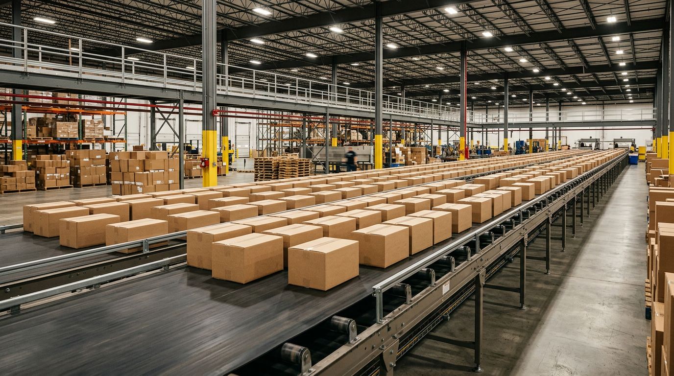 Rows of identical cardboard product boxes moving along a wide industrial conveyor belt in a warehouse, all travelling in a single direction, overhead industrial lighting, no reversal mechanism visible