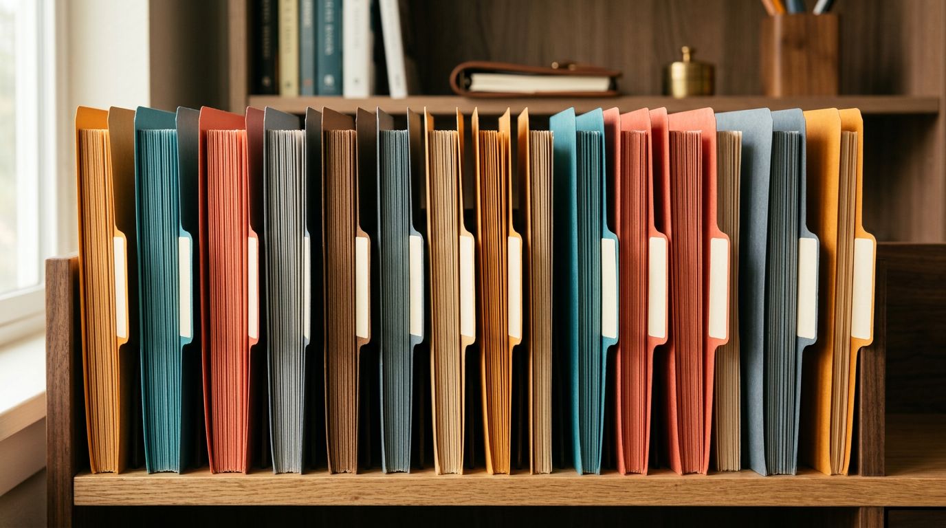 Coloured manila filing folders in amber, teal, coral and slate standing in a neat orderly row on a wooden shelf, blank white label tabs visible on each folder