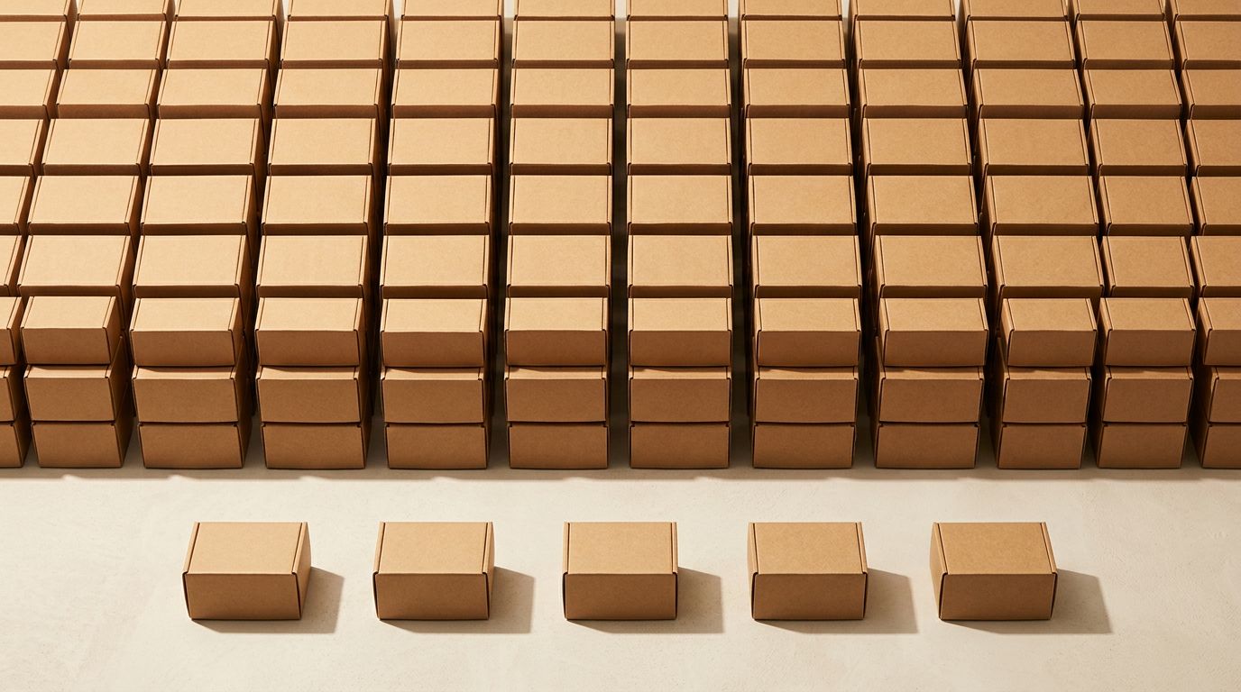 Five small cardboard boxes in a neat row on a light surface, separated by a clear gap from a large array of identical boxes stacked behind them