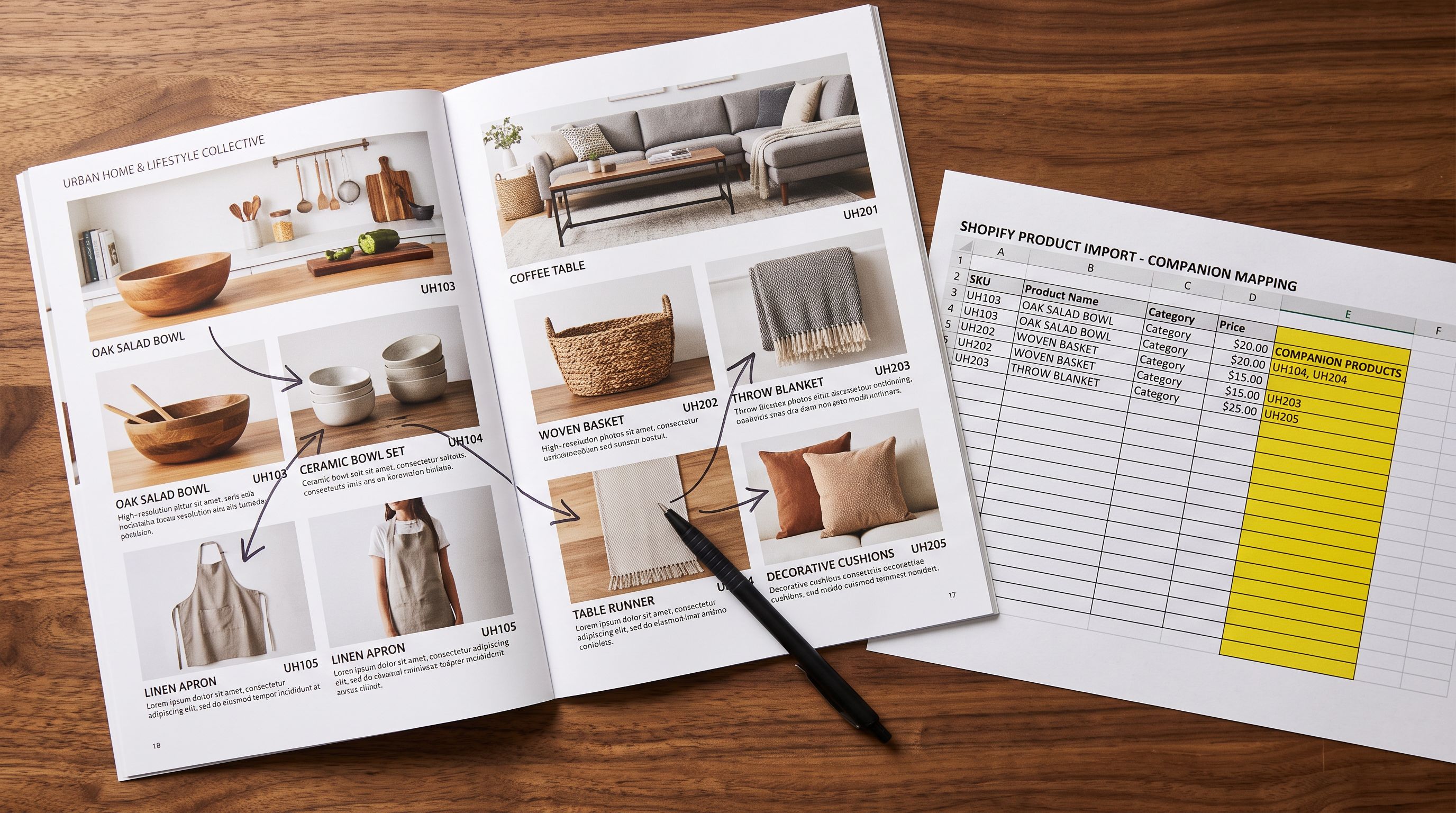 A printed product catalogue spread on a clean wooden desk with hand-drawn arrows connecting related product entries across the page, representing the complementary product relationship mapping process for a Shopify import.