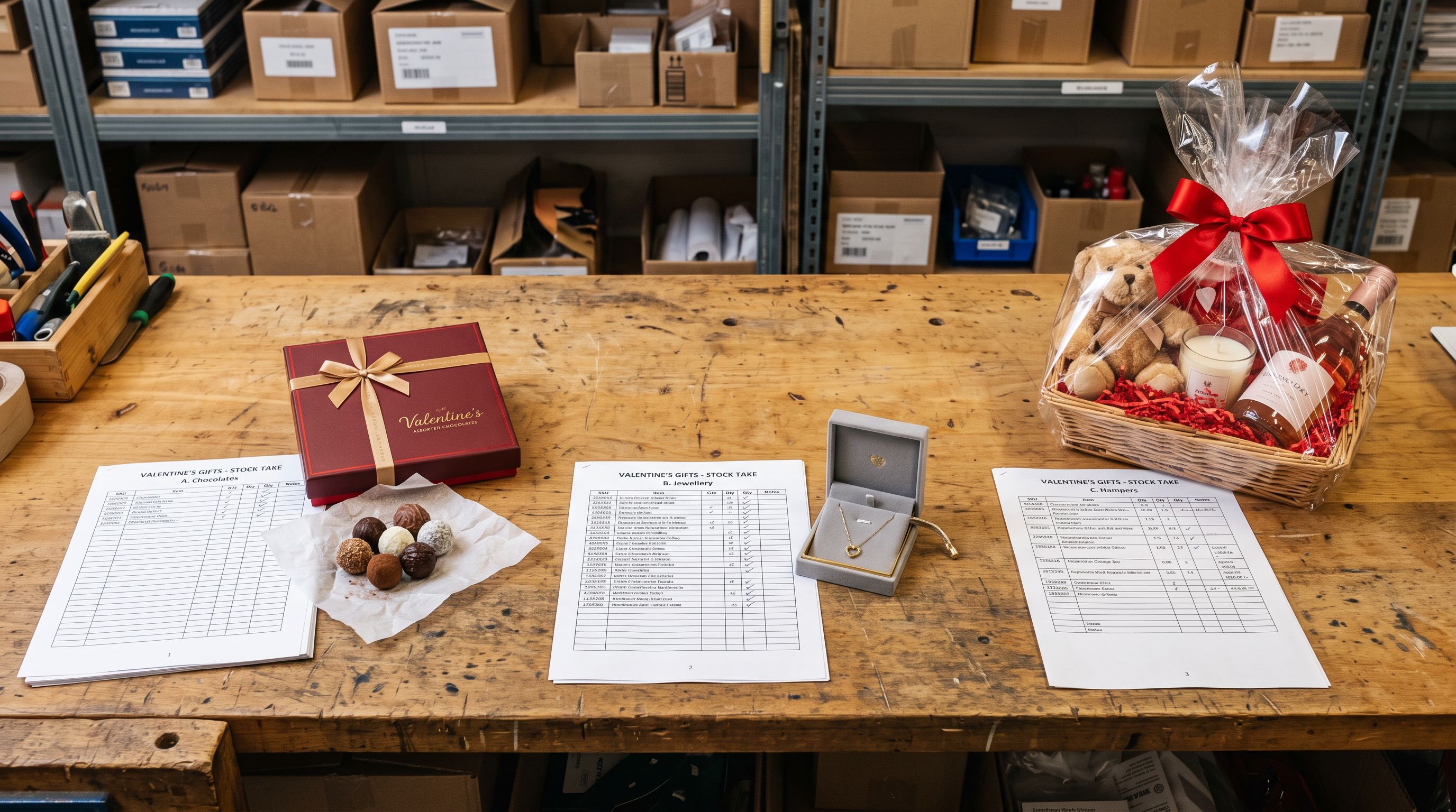Three printed supplier product files on a workbench beside grouped Valentine's Day gift products including chocolates, jewellery pouches, and wrapped hampers.