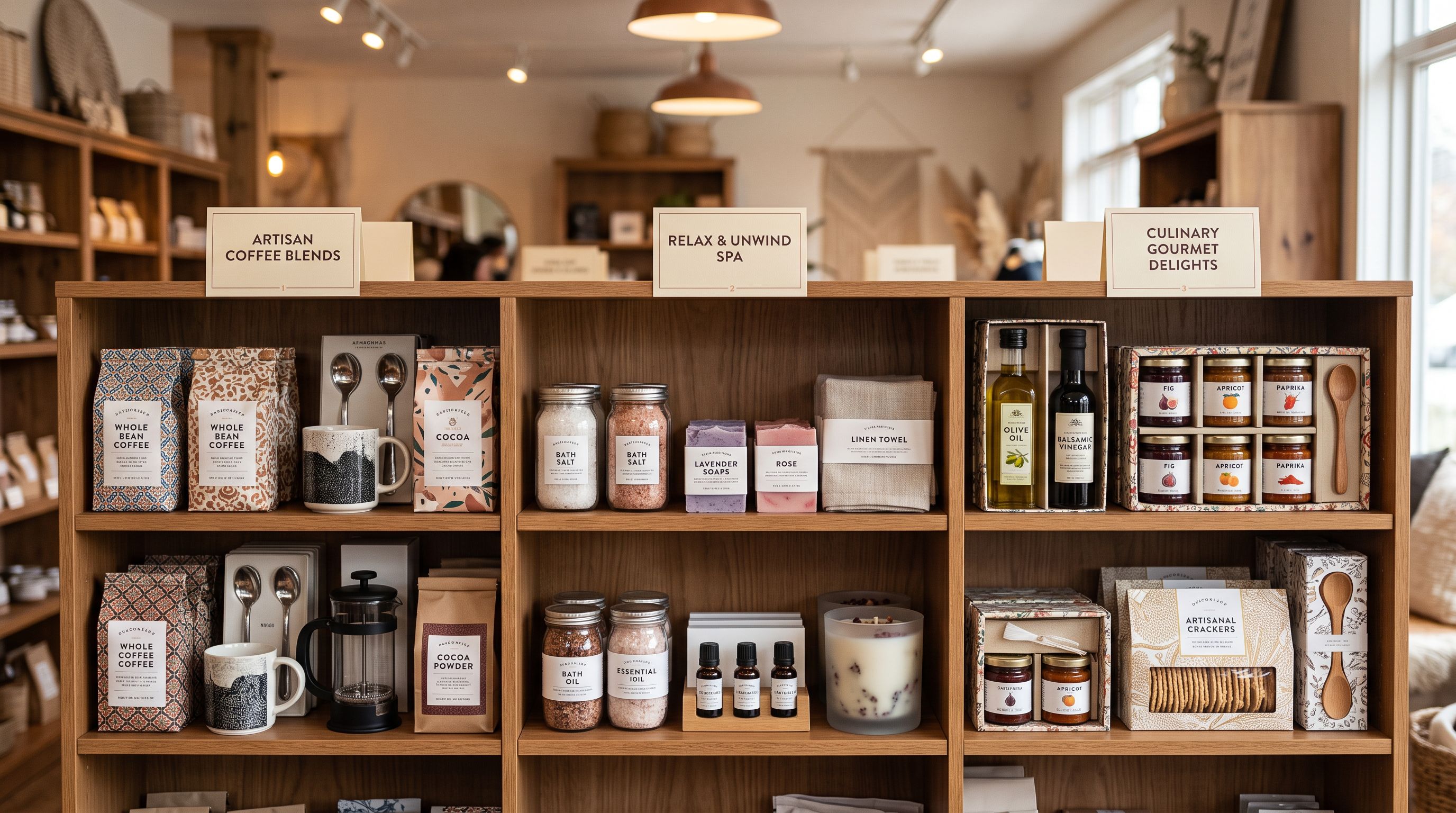 Retail gift shop interior with Valentine's Day products arranged in three separated display sections with divider cards on clean shelving under warm overhead lighting.