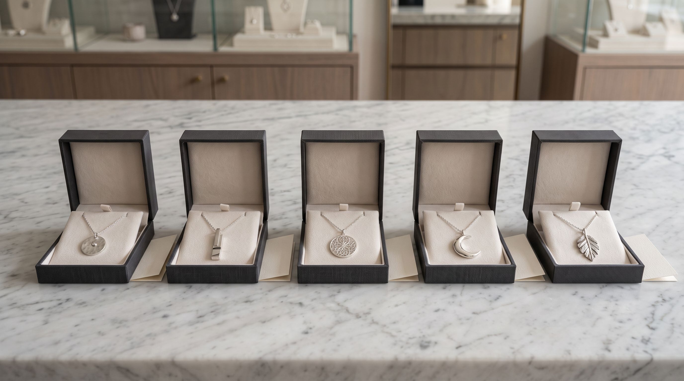 Sterling silver pendants in individual open presentation boxes arranged in a row on a pale marble surface with small gift cards beside each box.