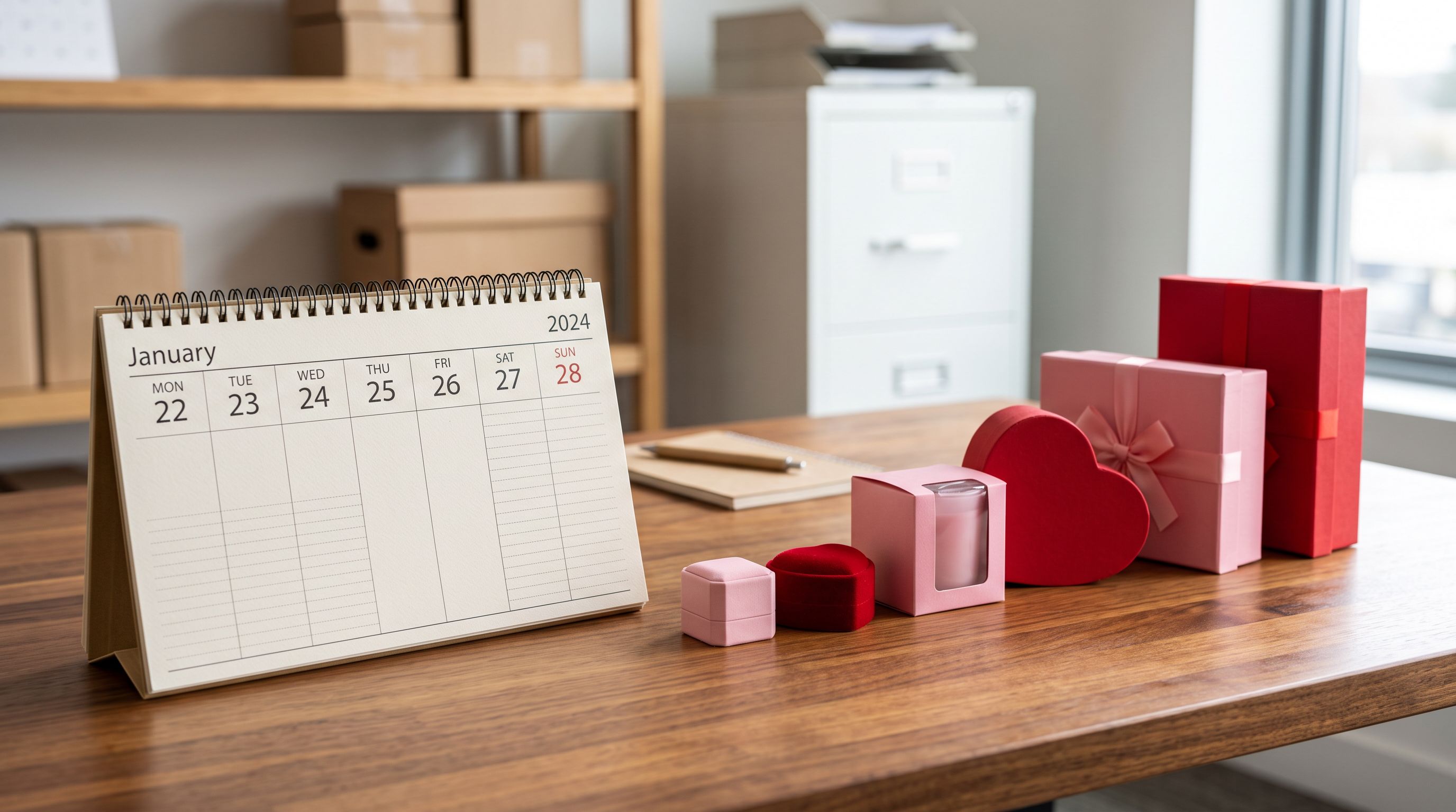 Open desk calendar beside a row of Valentine's Day gift product samples in red and pink packaging arranged by size on a retail shelf.