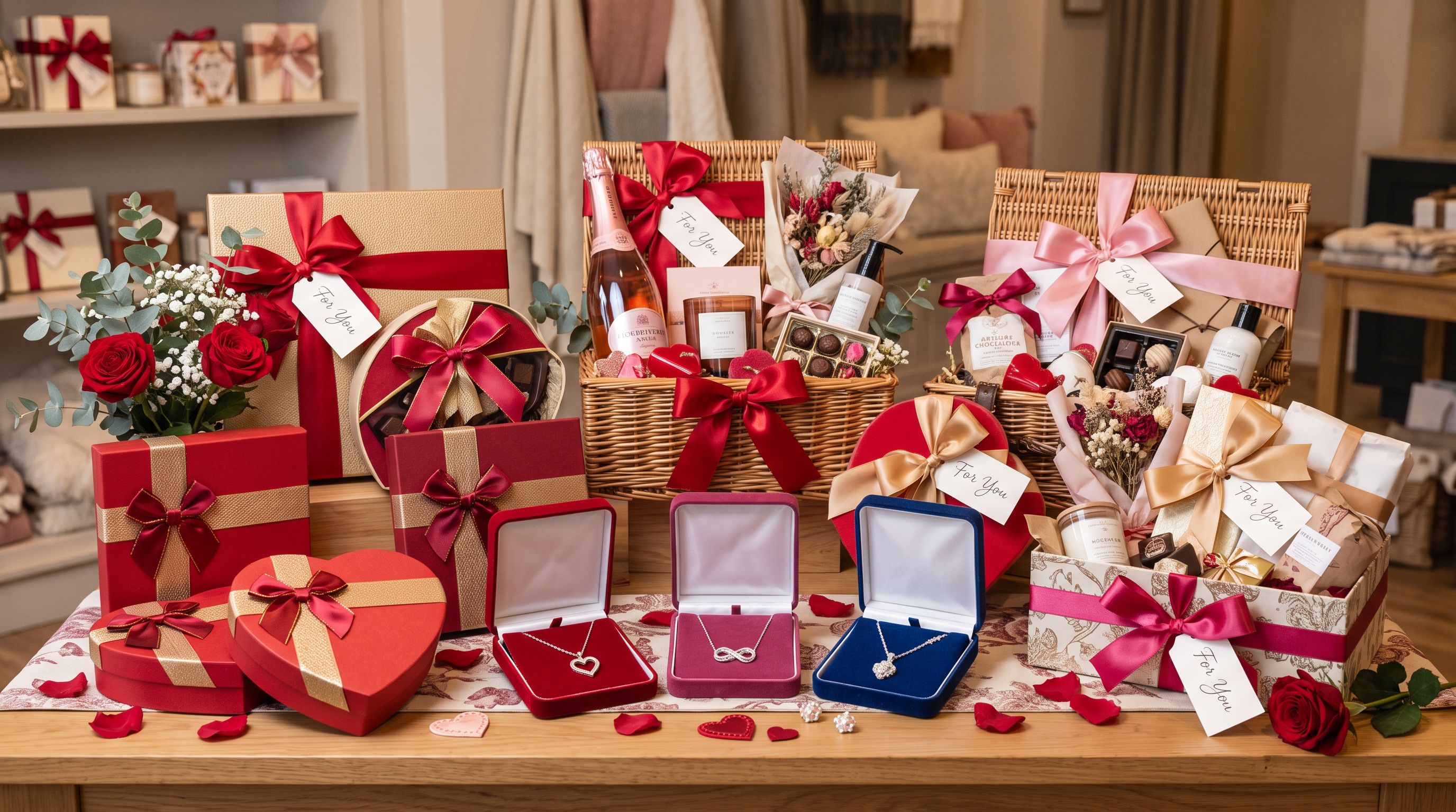 Assorted Valentine's Day gift products arranged on a retail display table including chocolate boxes, jewellery cases, and wrapped gift hampers in red and pink packaging.