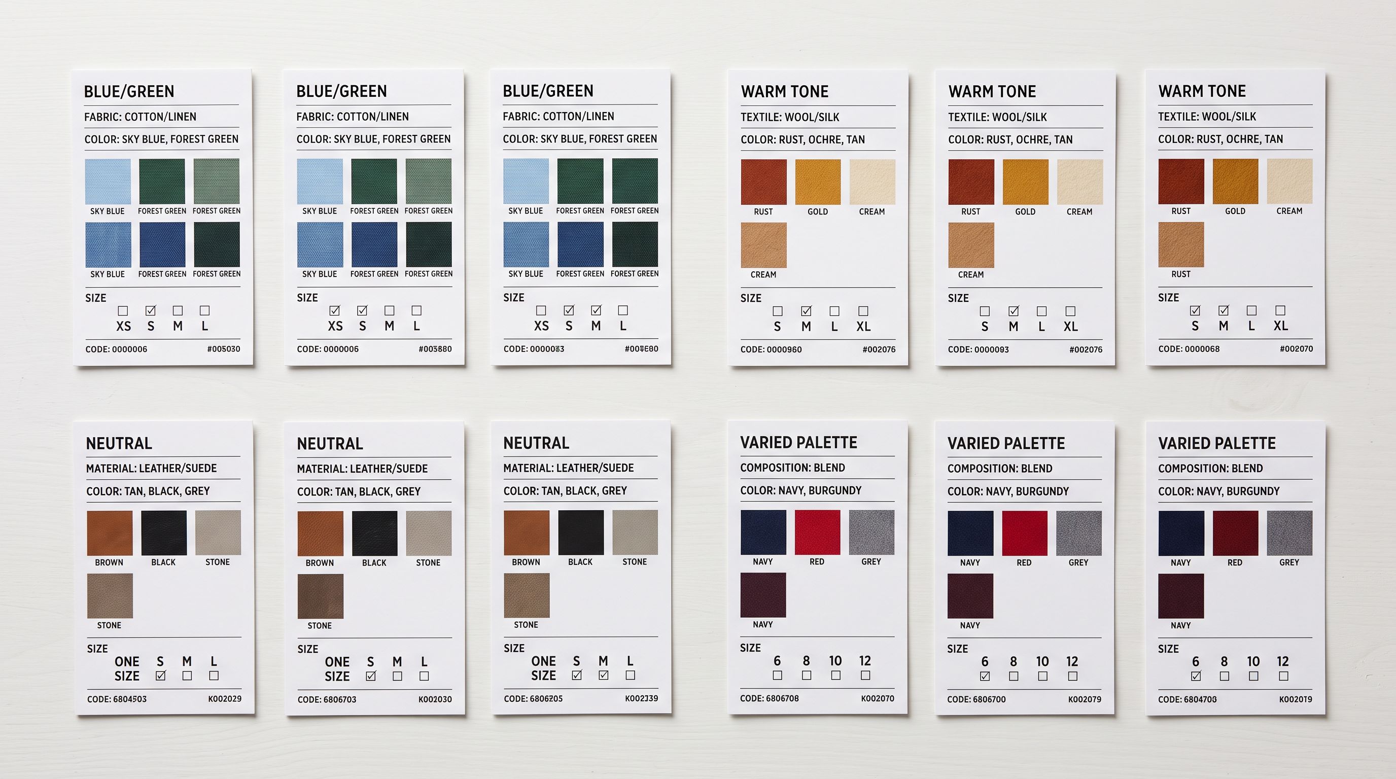 Flat rows of product data shown as printed cards being sorted into organised groups on a white table representing variant grouping by colour and size