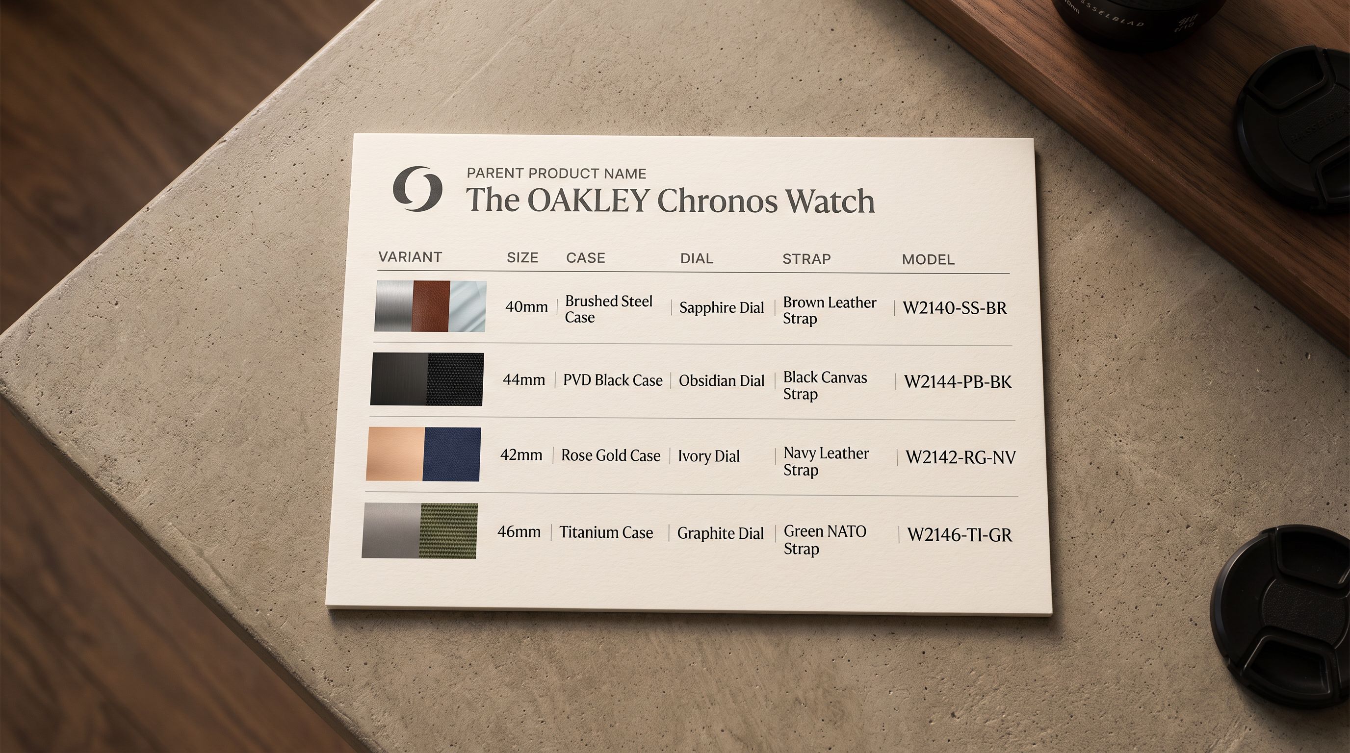 Printed product specification card showing a parent product title at the top with variant rows listed underneath each indicating a different size and colour combination