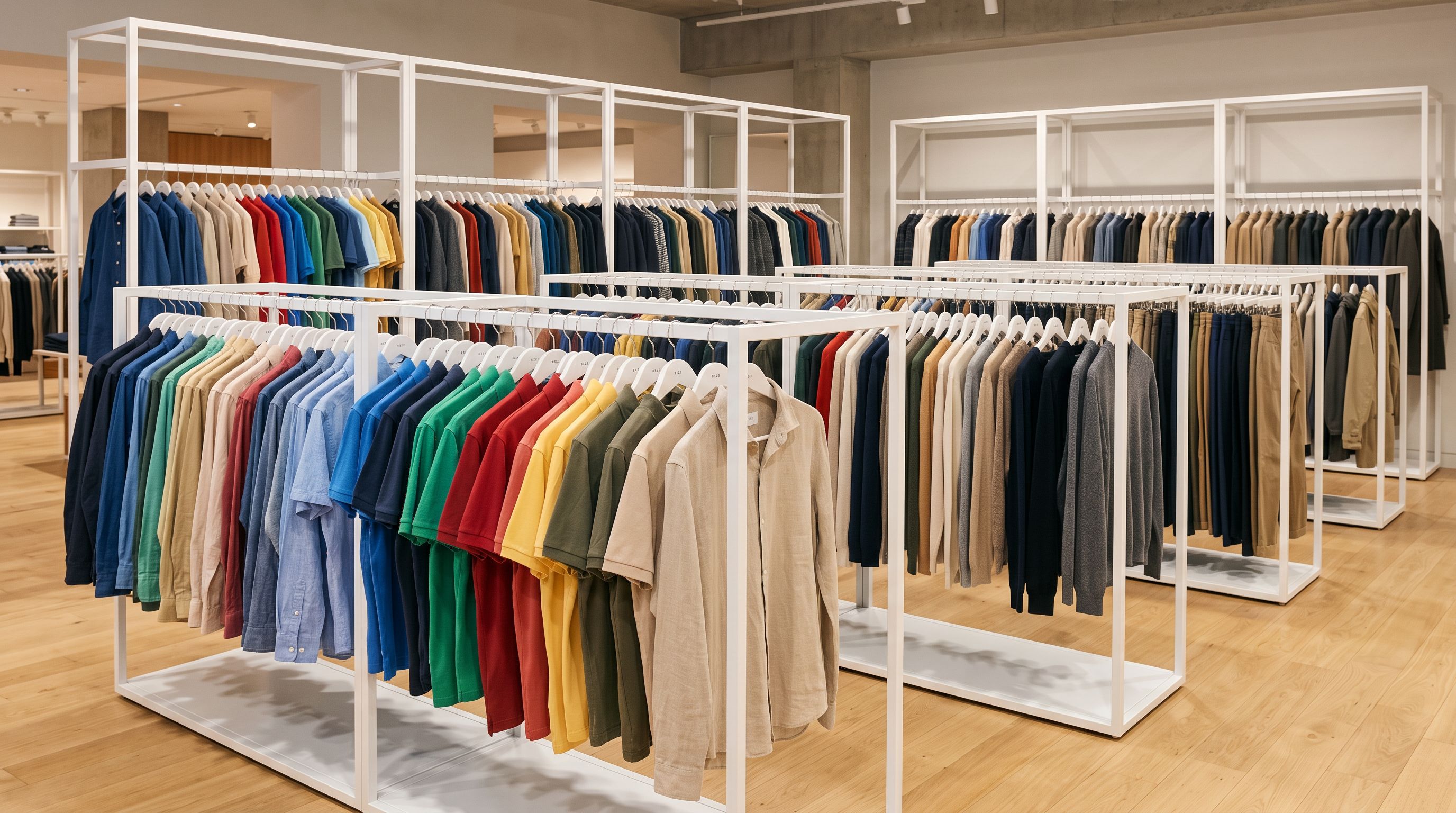 Rows of clothing in multiple colours and sizes organised on retail display racks representing variant grouping in a product catalogue