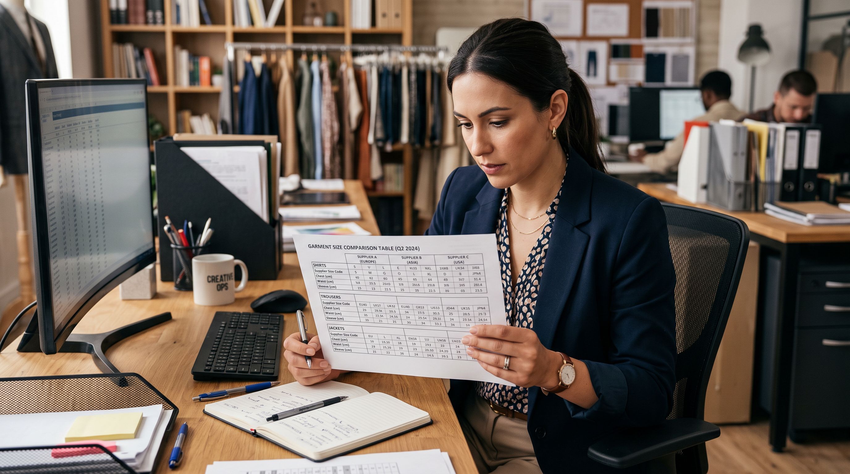 Retail operations manager at a workstation reviewing a printed size chart comparison table showing how three suppliers use different terminology for the same garment sizes, with rows for each supplier and columns for XS through XL arranged in a structured table format.
