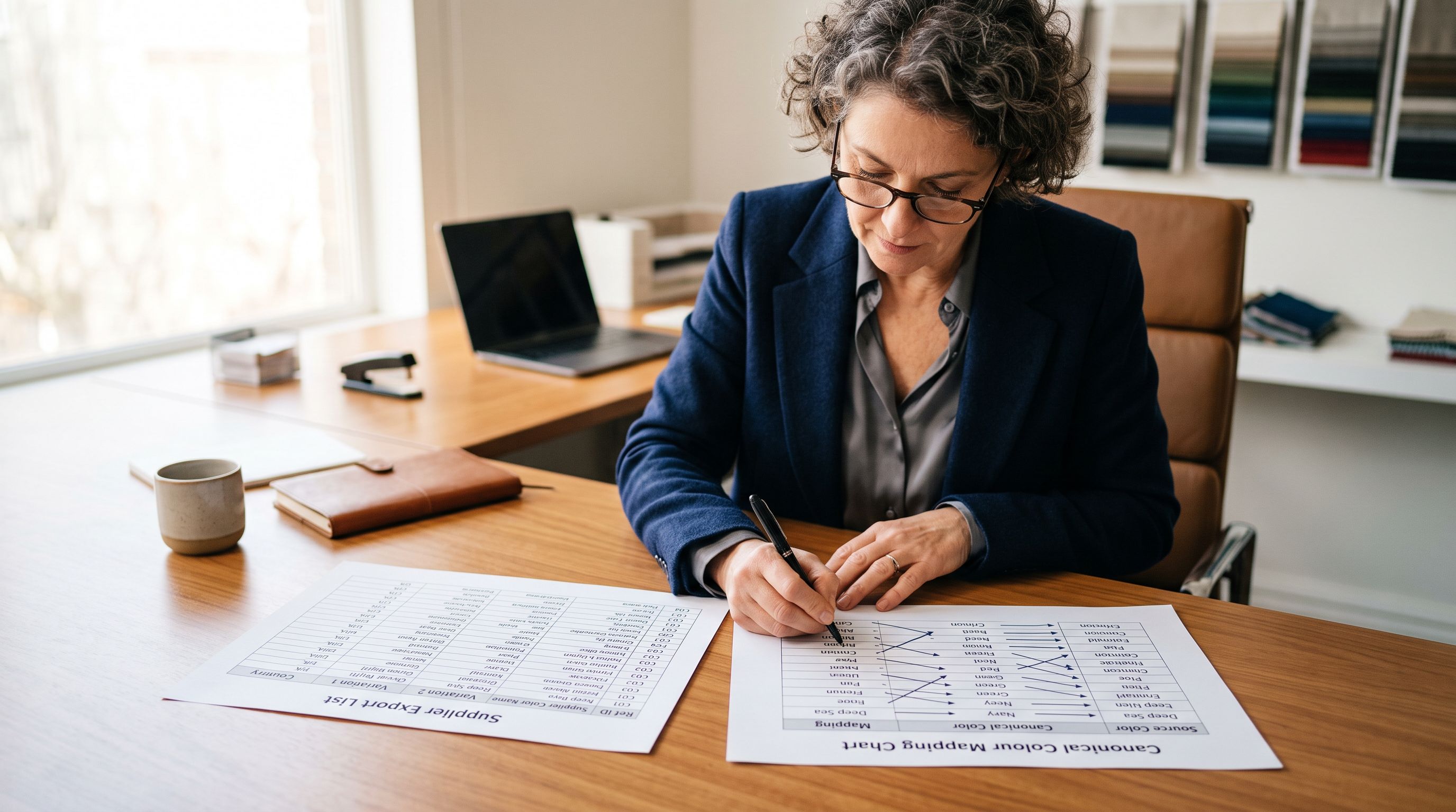 Garment wholesale buyer at a workstation reviewing two printed supplier product data sheets side by side, one showing raw supplier colour terminology with multiple name variations and one showing a consolidated canonical colour standards mapping chart.