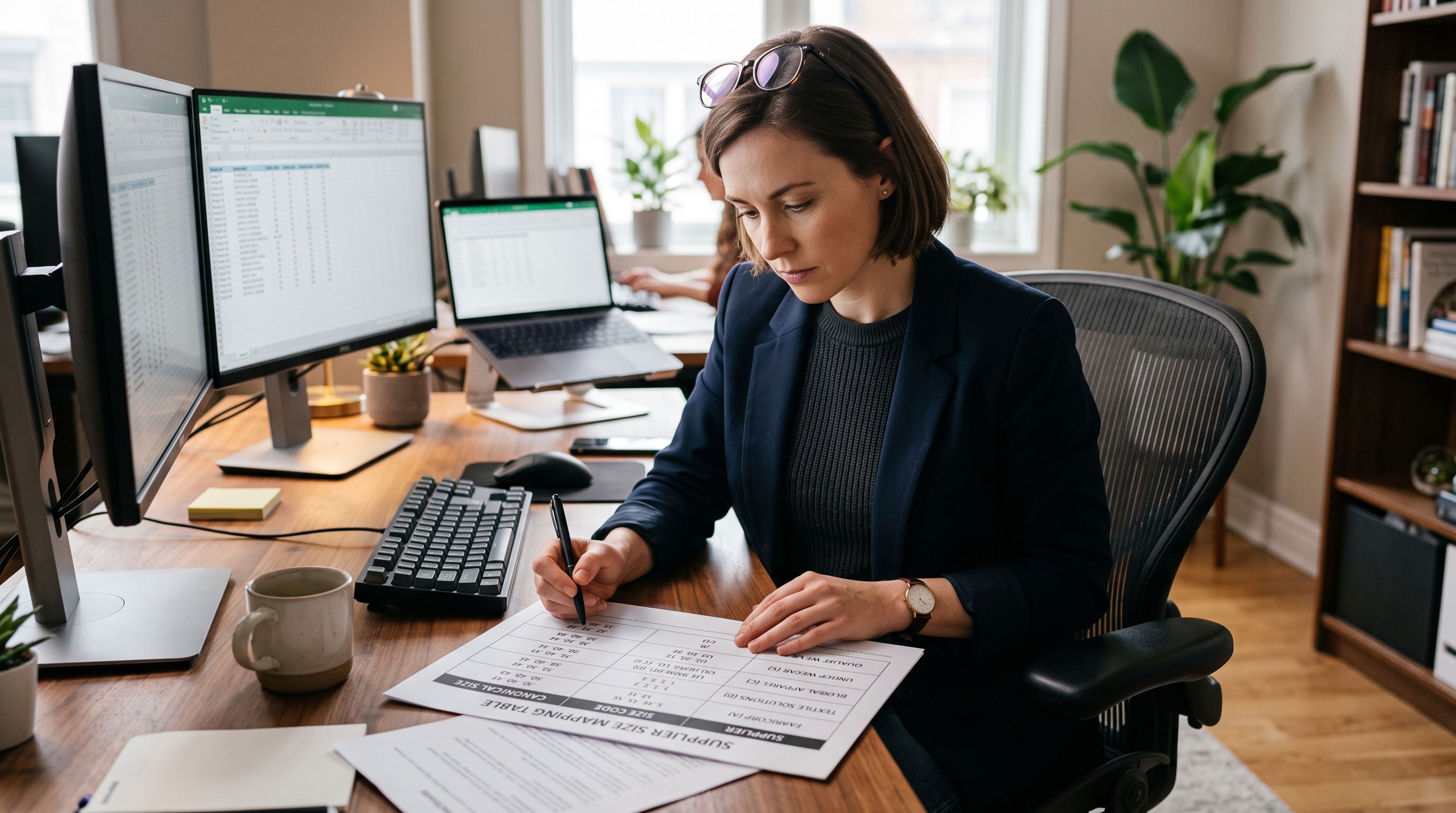Product data analyst at a workstation reviewing a printed variant option naming lookup table showing supplier size codes in one column and canonical size labels in the adjacent column for five suppliers, arranged in a structured reference format.
